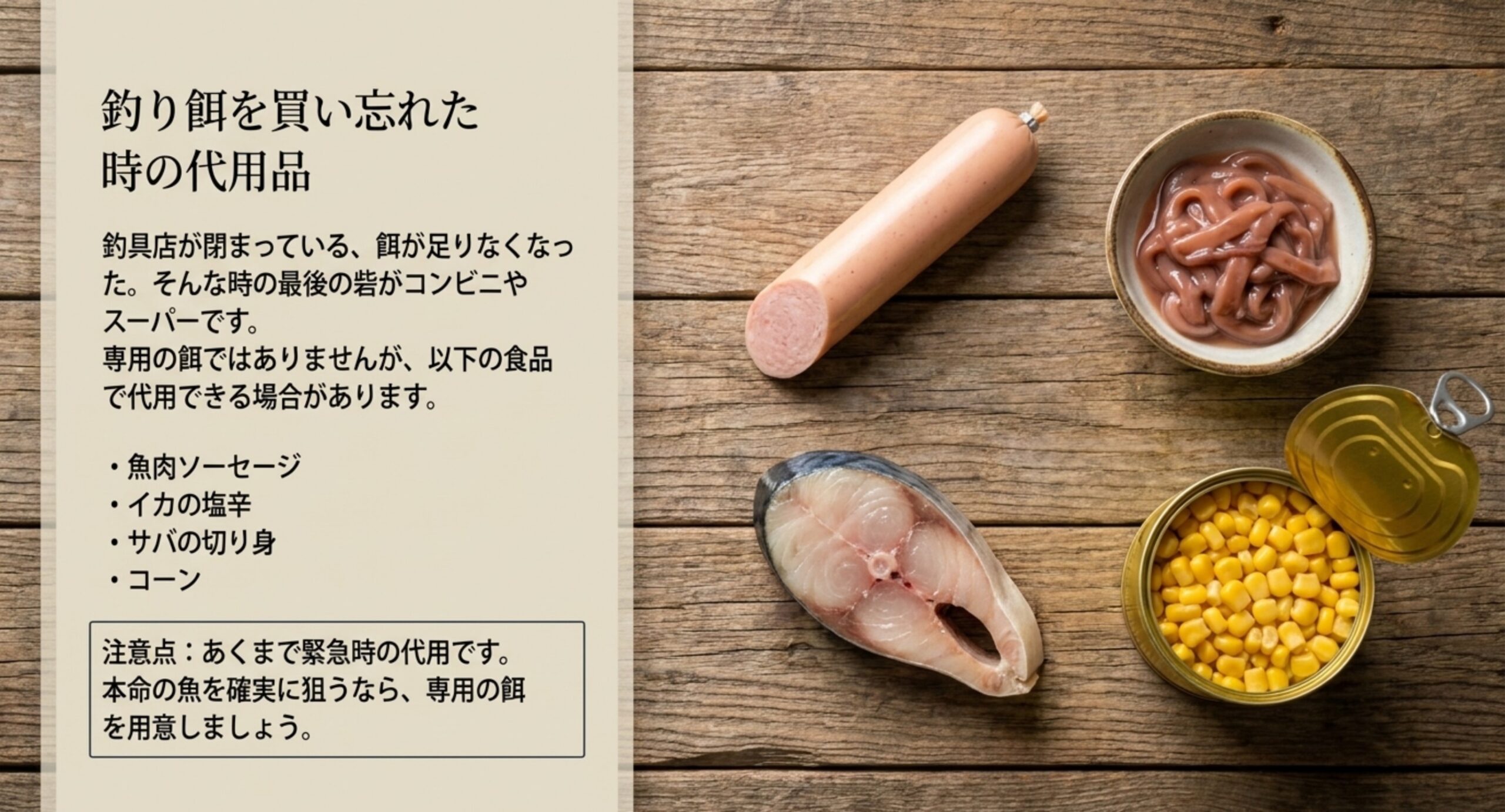 魚肉ソーセージ・イカの塩辛・サバの切り身・コーンなどコンビニで買える代用餌を緊急時の選択肢として示したスライド