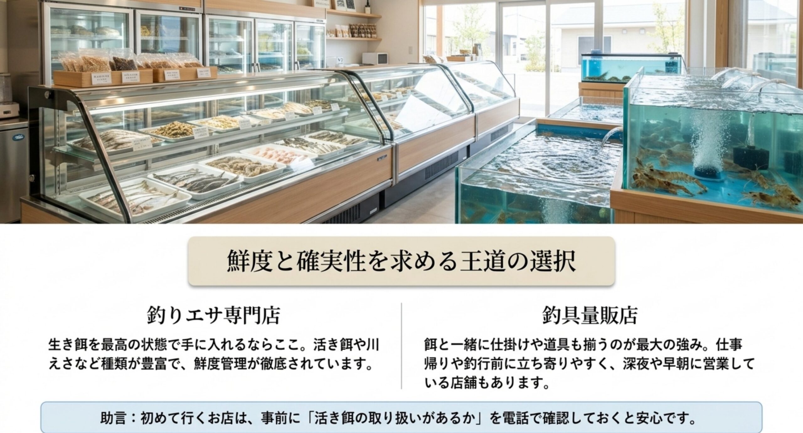 鮮度の良い活き餌が揃う釣りエサ専門店と道具もまとめ買いできる釣具量販店の特徴を示したスライド