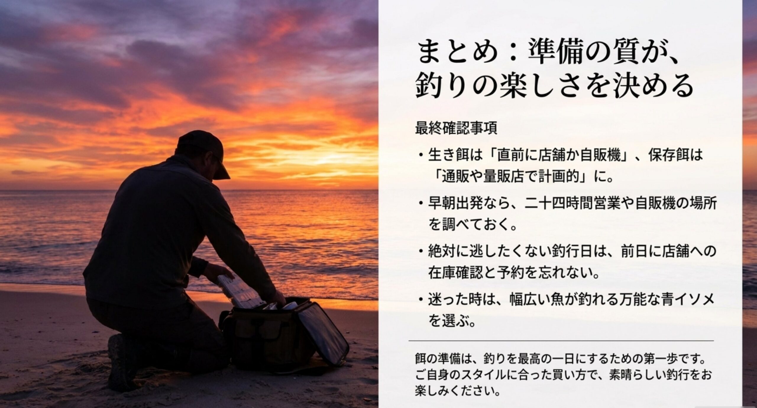 生き餌は直前に店舗、保存餌は計画的に通販でという釣り餌の買い方の最終確認事項をまとめたスライド