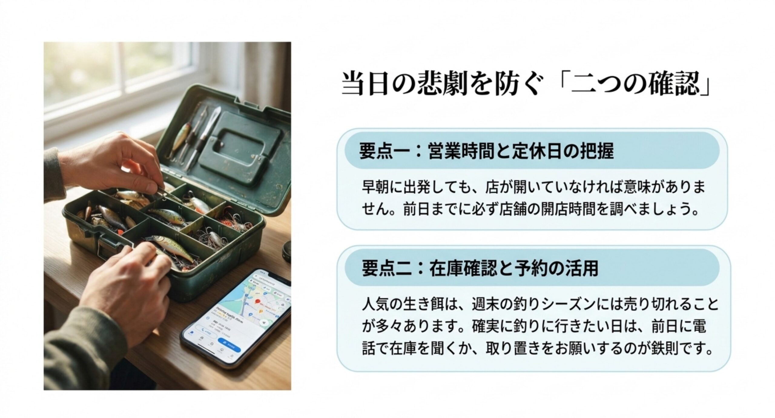 営業時間と定休日の把握、在庫確認と予約の活用という当日の買い逃しを防ぐ二つの確認を示したスライド