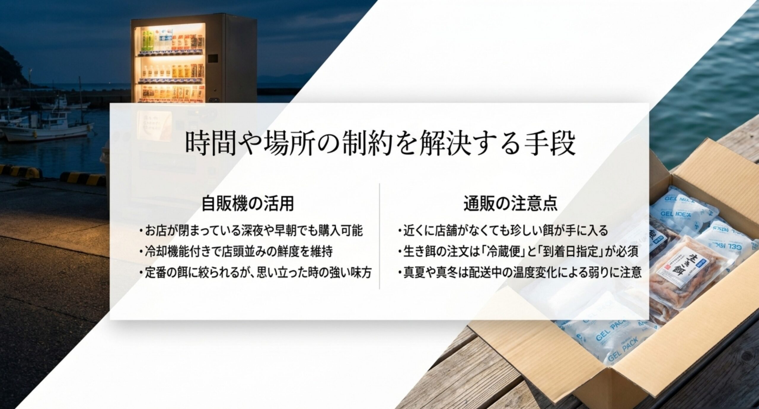 24時間使える冷却機能つき自販機の便利さと、生き餌通販でのクール便や日時指定の注意点を並べたスライド