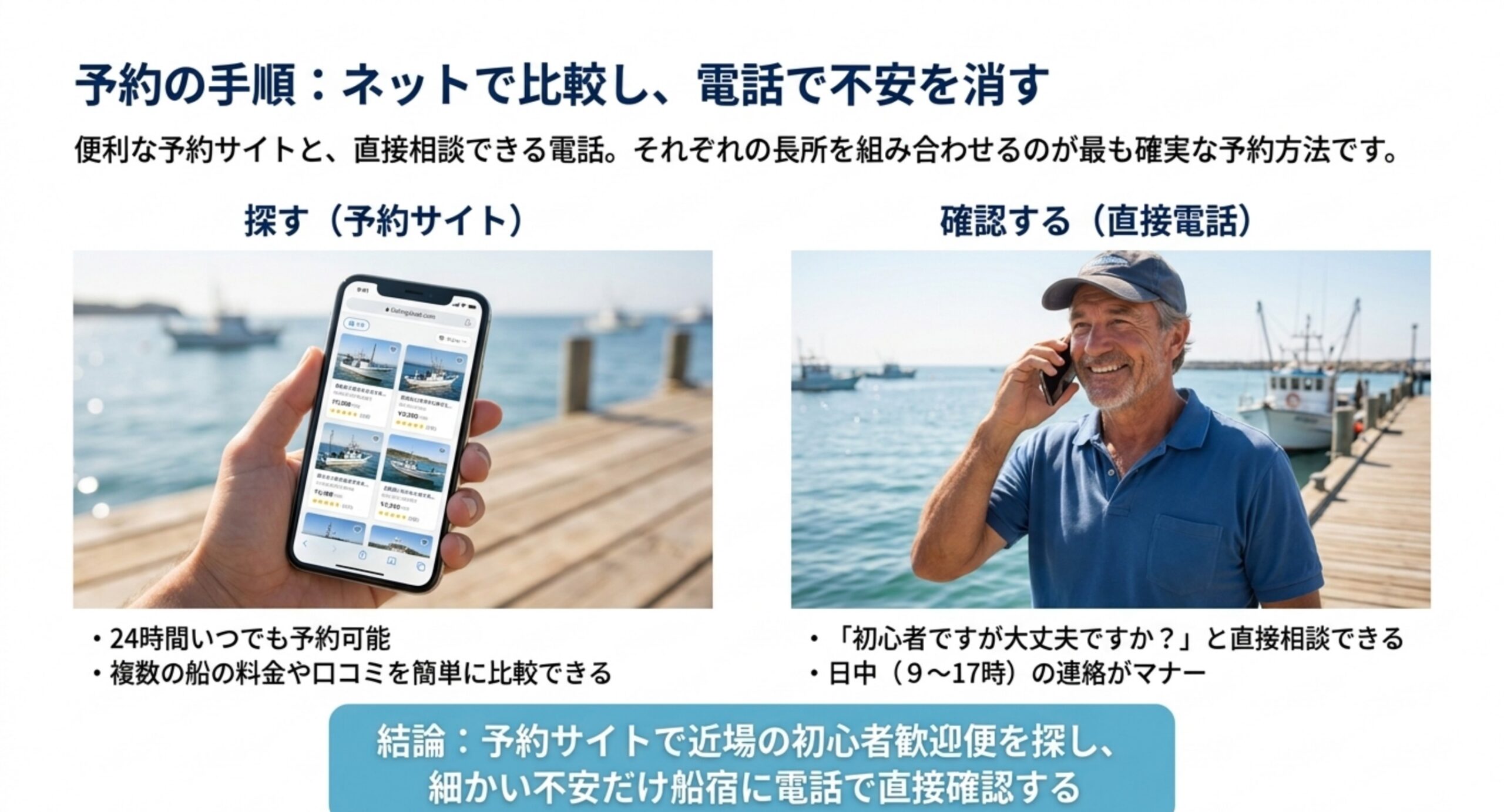 スマートフォンの予約サイトで探す方法と船宿へ電話で確認する方法のメリットを並べて比較したスライド