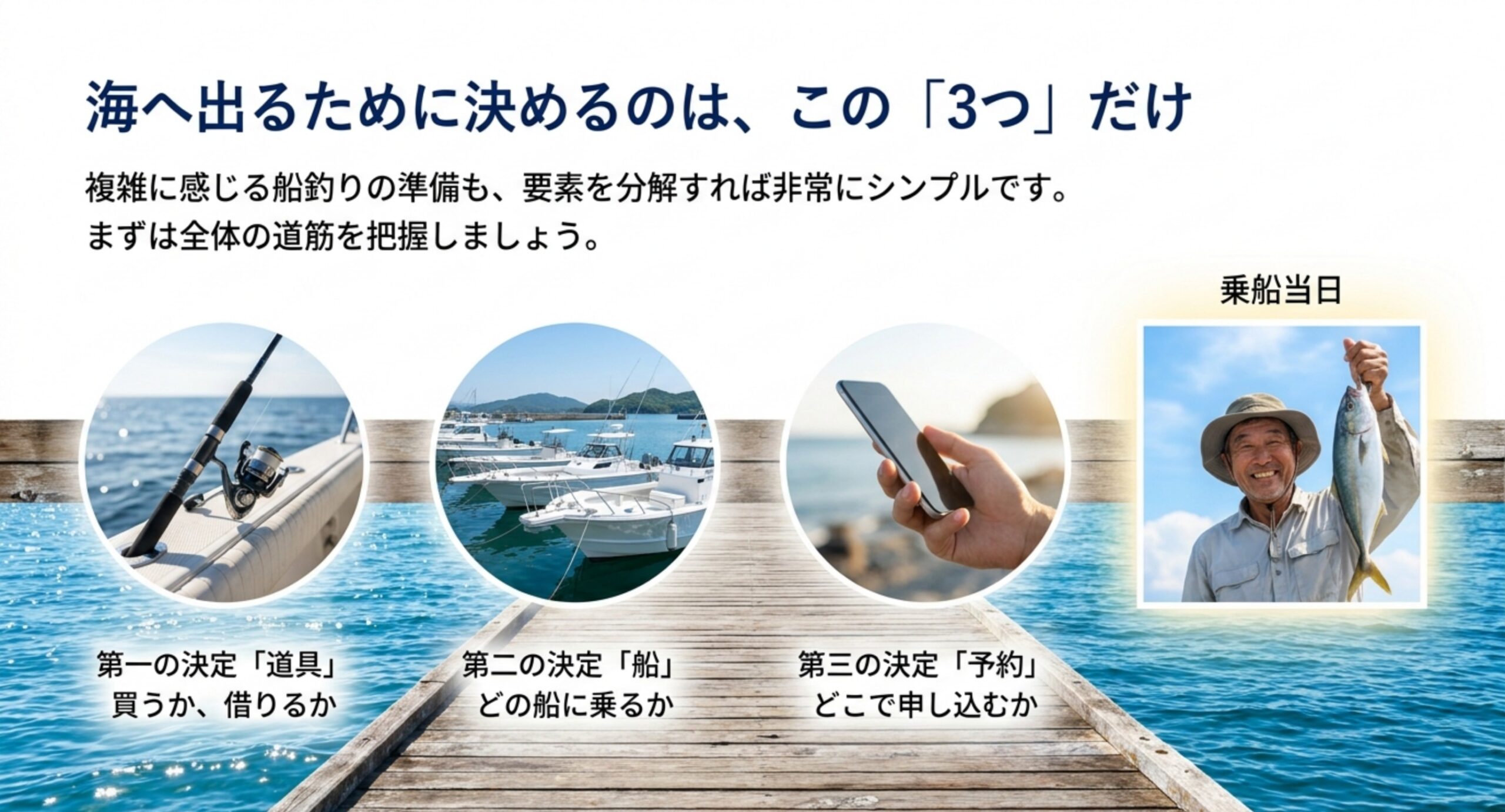 道具を買うか借りるか、どの船に乗るか、どこで予約するかという船釣りで決める3つの要素を桟橋の写真とともに示したスライド