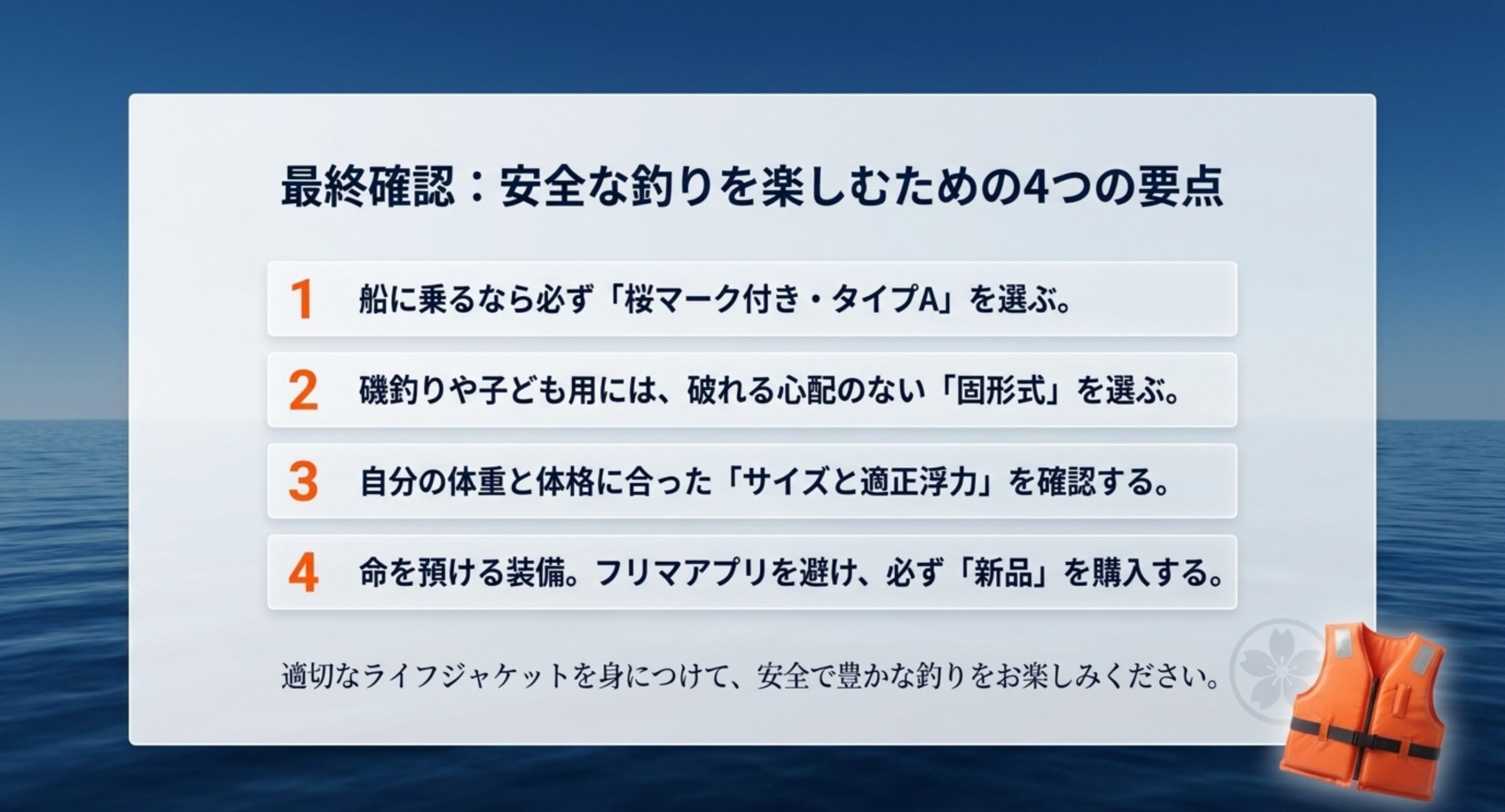 桜マーク付きタイプA・固形式・サイズと浮力・新品購入という4つの要点をまとめたスライド