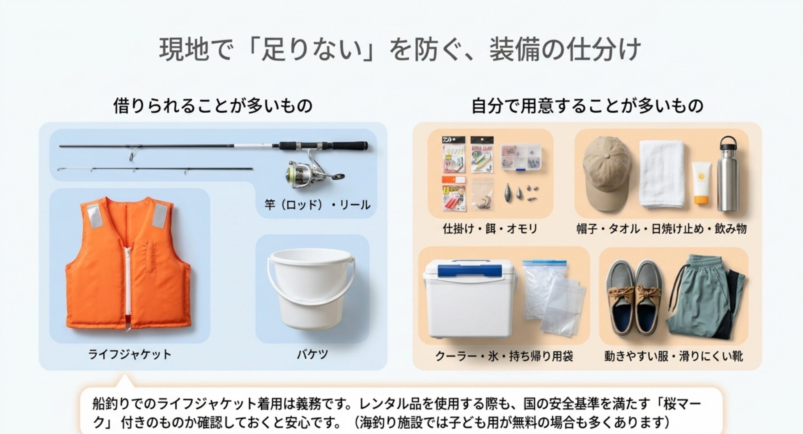 借りられる竿やライフジャケットと、自分で用意する消耗品・帽子・クーラーなどの持ち物を仕分けした装備一覧のスライド