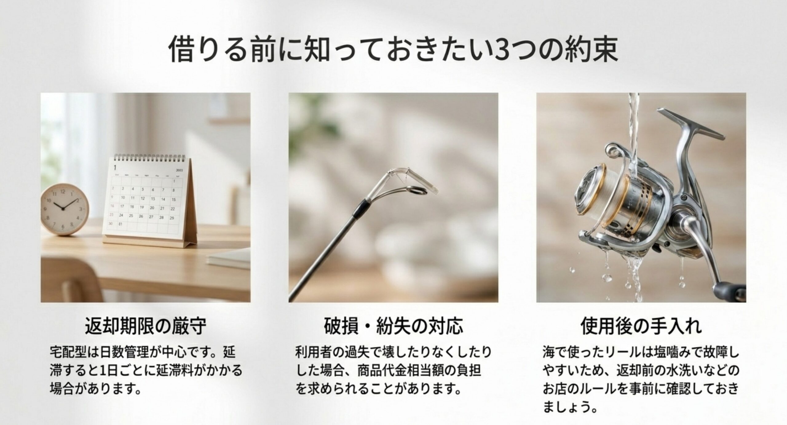 返却期限の厳守・破損や紛失時の対応・使用後の手入れという、レンタル前に確認したい3つの注意点を示したスライド