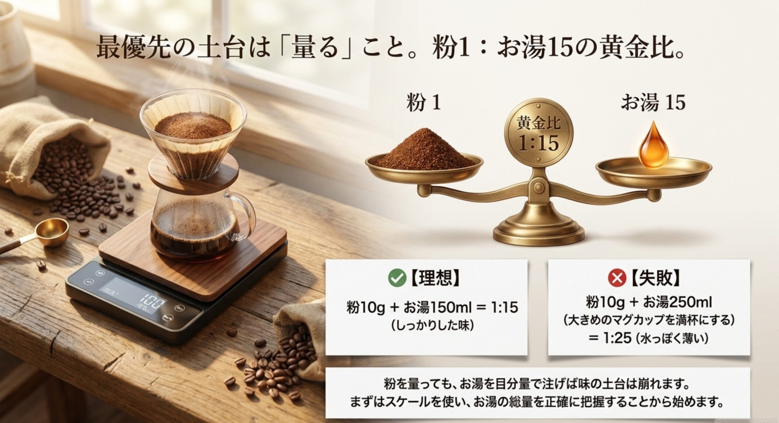 粉10gに対してお湯150mlが理想で、お湯250mlでは薄くなることを示した比較図