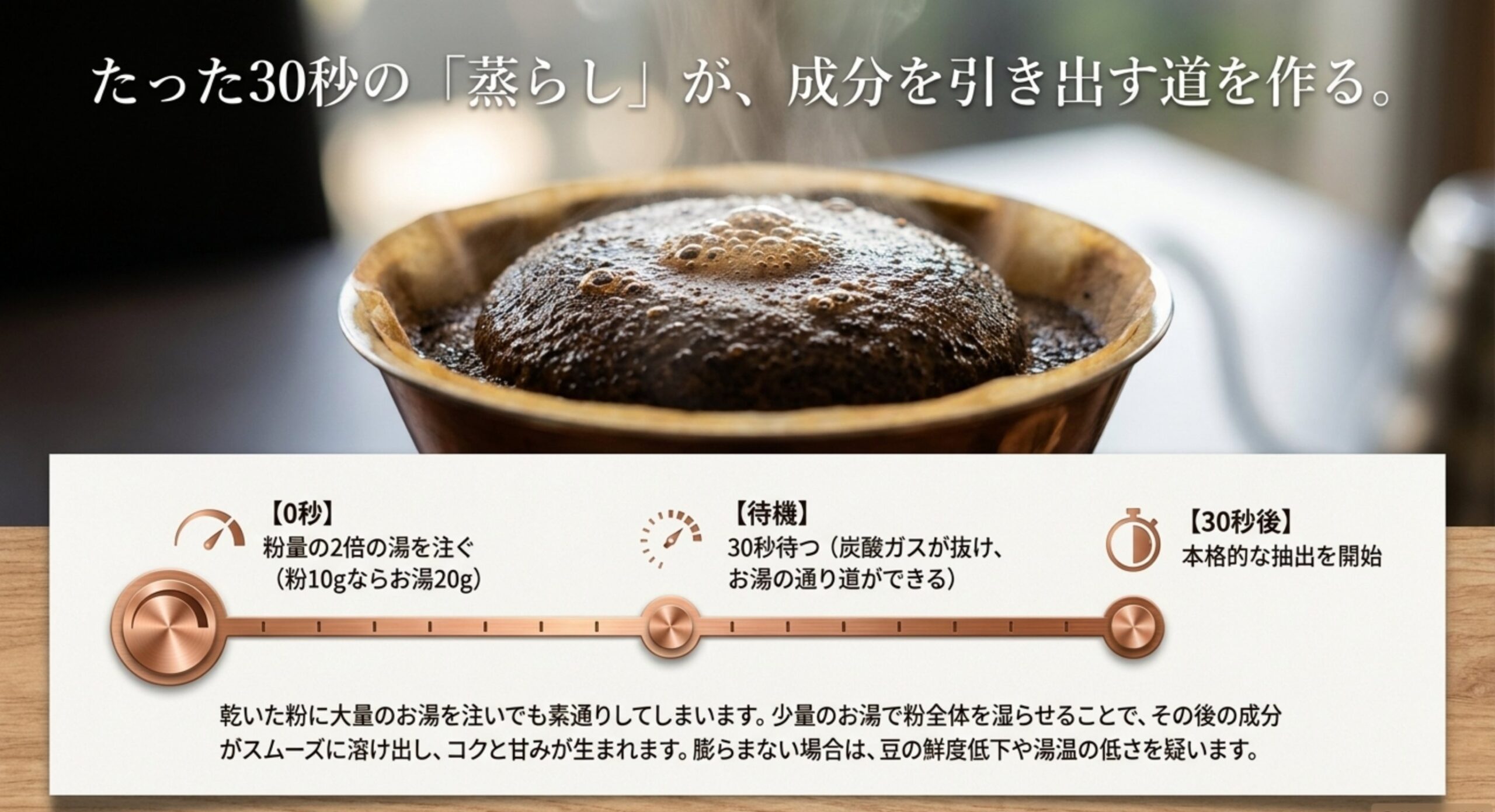 粉量の2倍程度のお湯を注ぎ、30秒待ってから本抽出を始める蒸らし手順の図