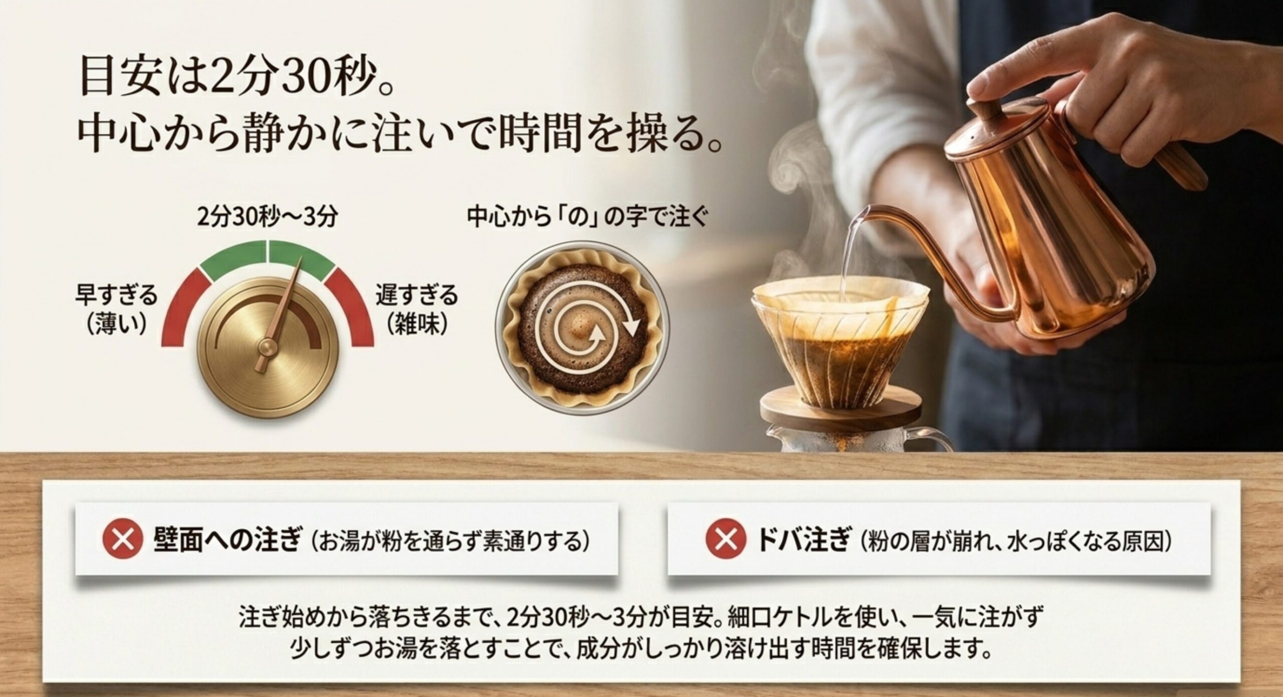 抽出時間は2分30秒から3分を目安に、中心から静かに注ぎ、壁面への注ぎやドバ注ぎを避けることを示した図