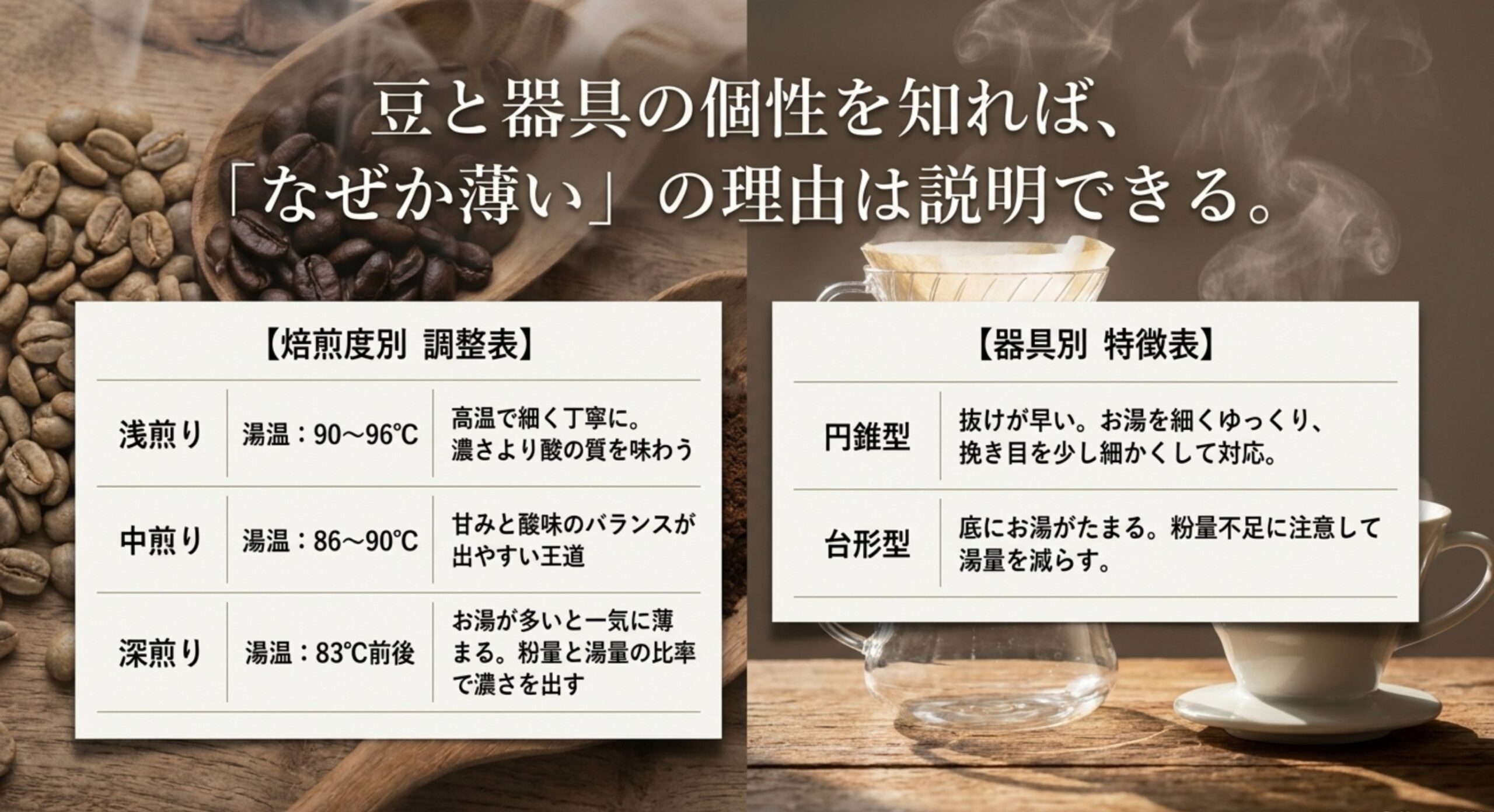 浅煎り・中煎り・深煎りの湯温目安と、円錐型・台形型ドリッパーの特徴をまとめた表