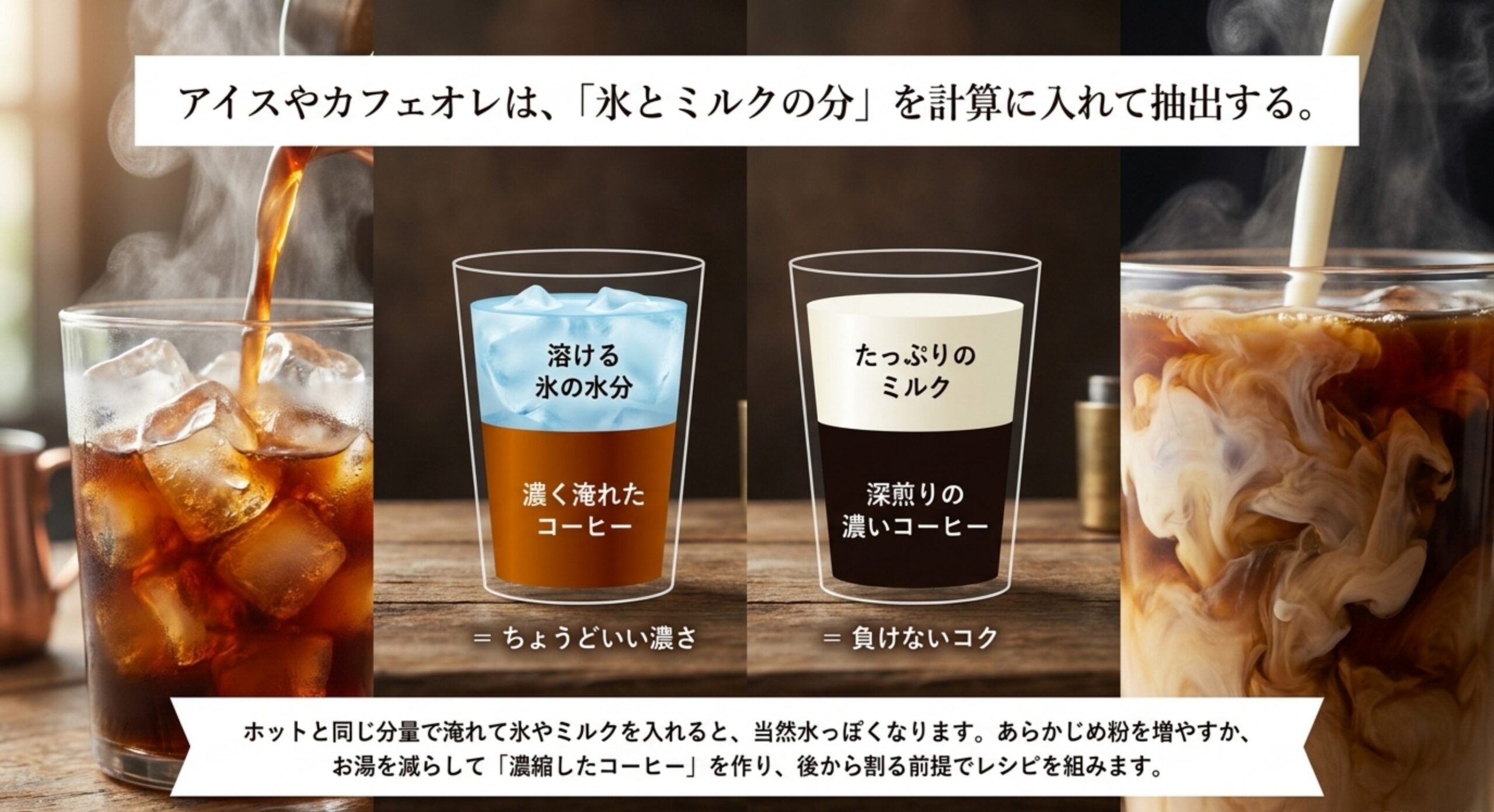 アイスコーヒーは氷で薄まる分を計算し、カフェオレはミルクに負けない濃いコーヒーを使うことを示した図