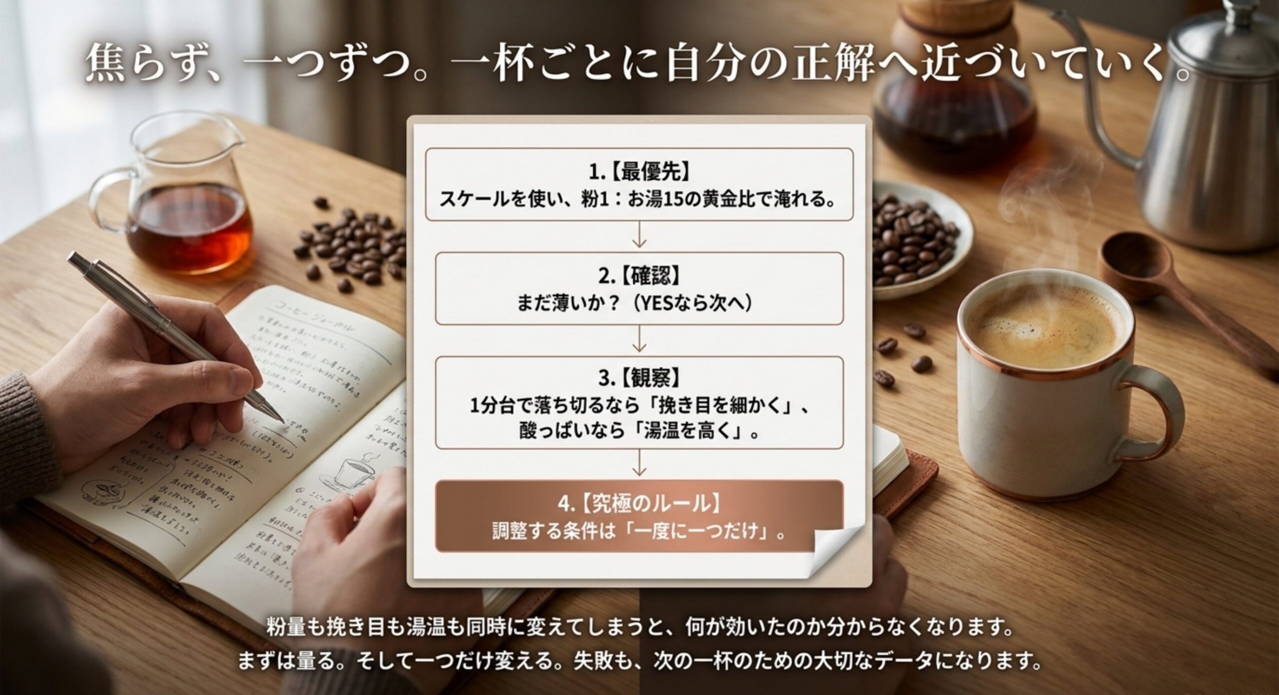 スケールで量る、薄さを確認する、挽き目や湯温を観察する、一度に一条件だけ変える流れを示した改善手順図