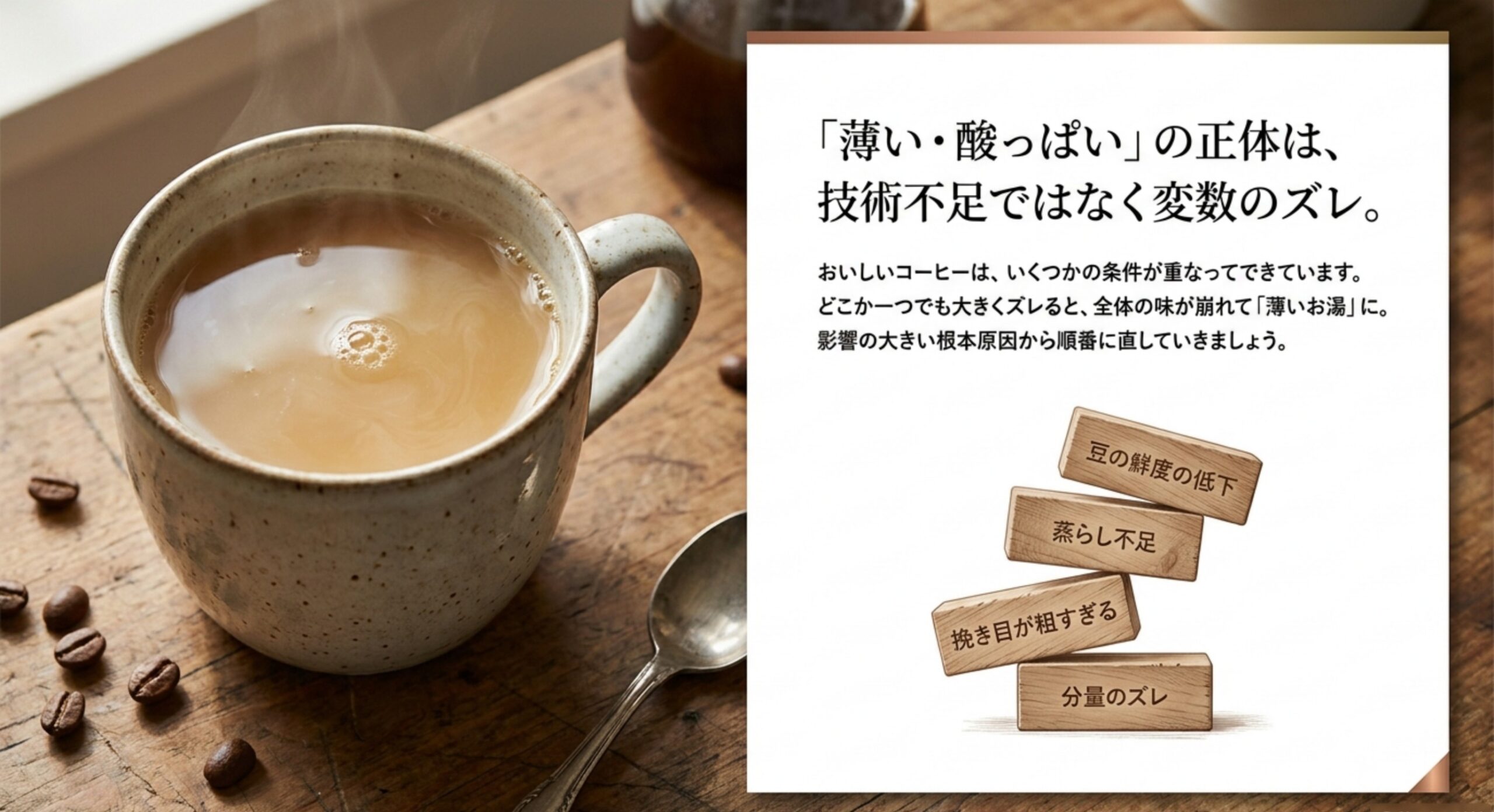 薄い・酸っぱいコーヒーの原因として分量のズレ、挽き目、蒸らし不足、豆の鮮度低下を示した図