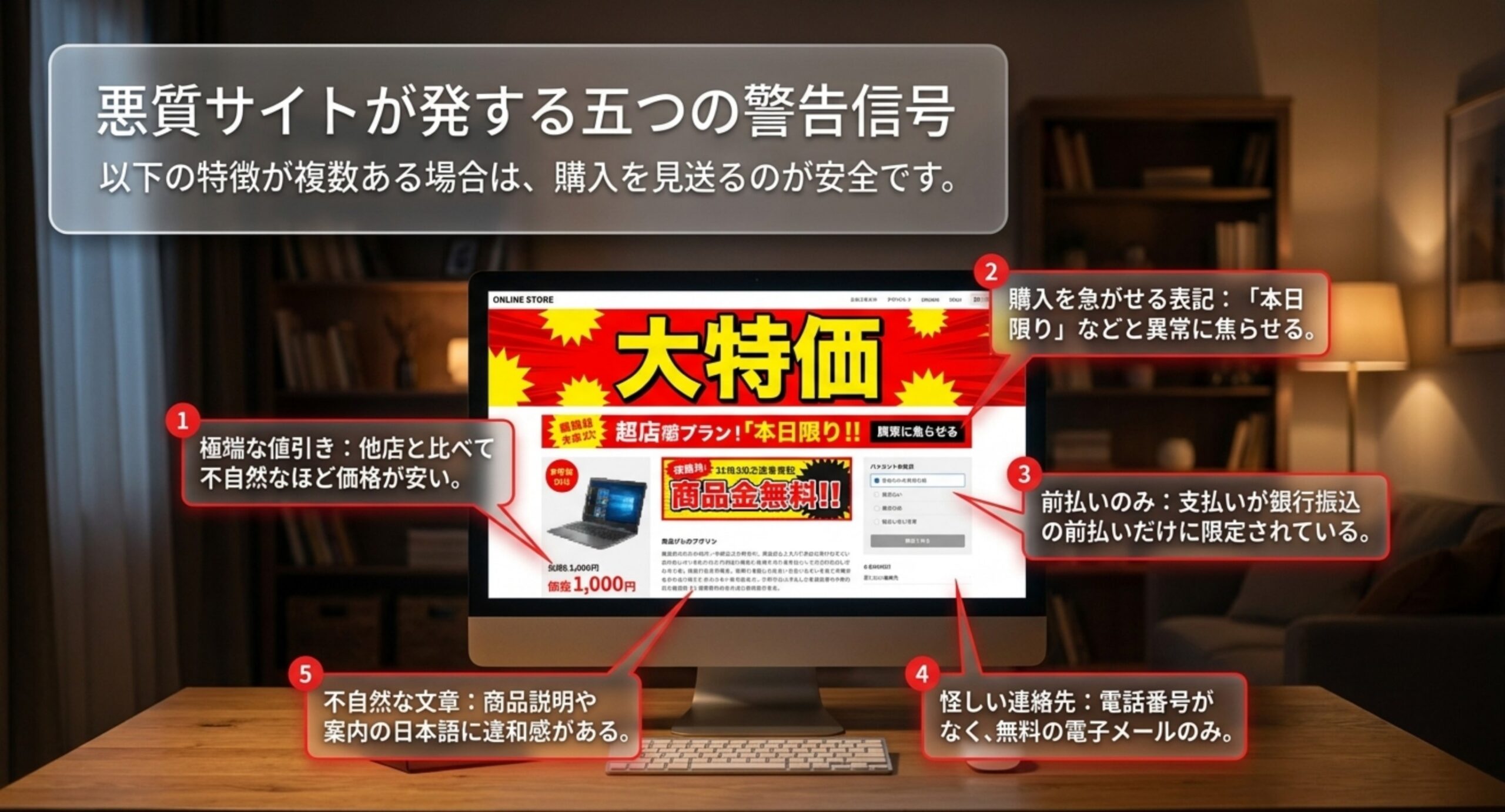 極端な安さや購入を急かす表示など、怪しい通販サイトの特徴を画面例とともに示したスライド