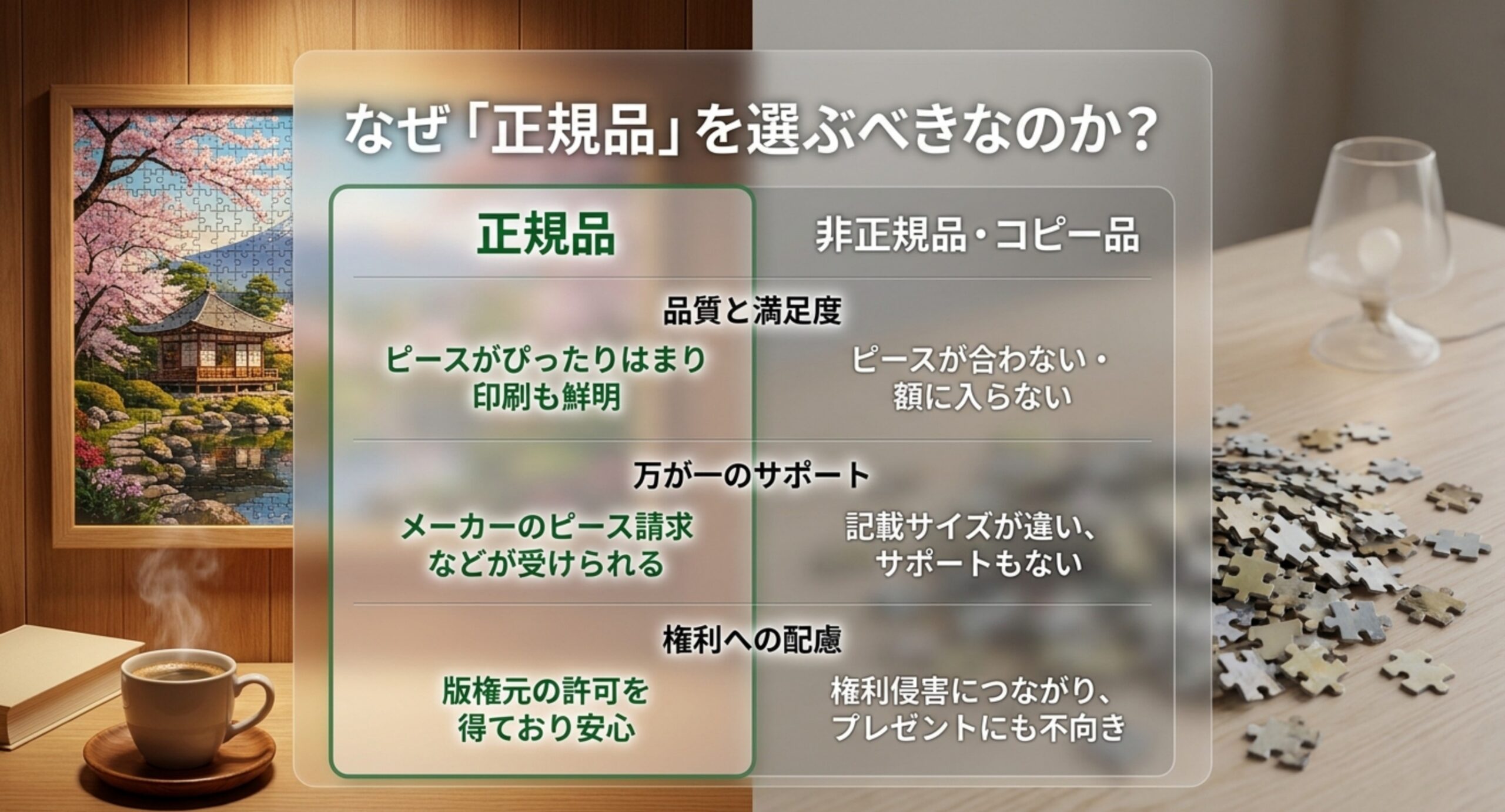 正規品と非正規品コピー品の品質・サポート・権利面の違いを比較した表のスライド