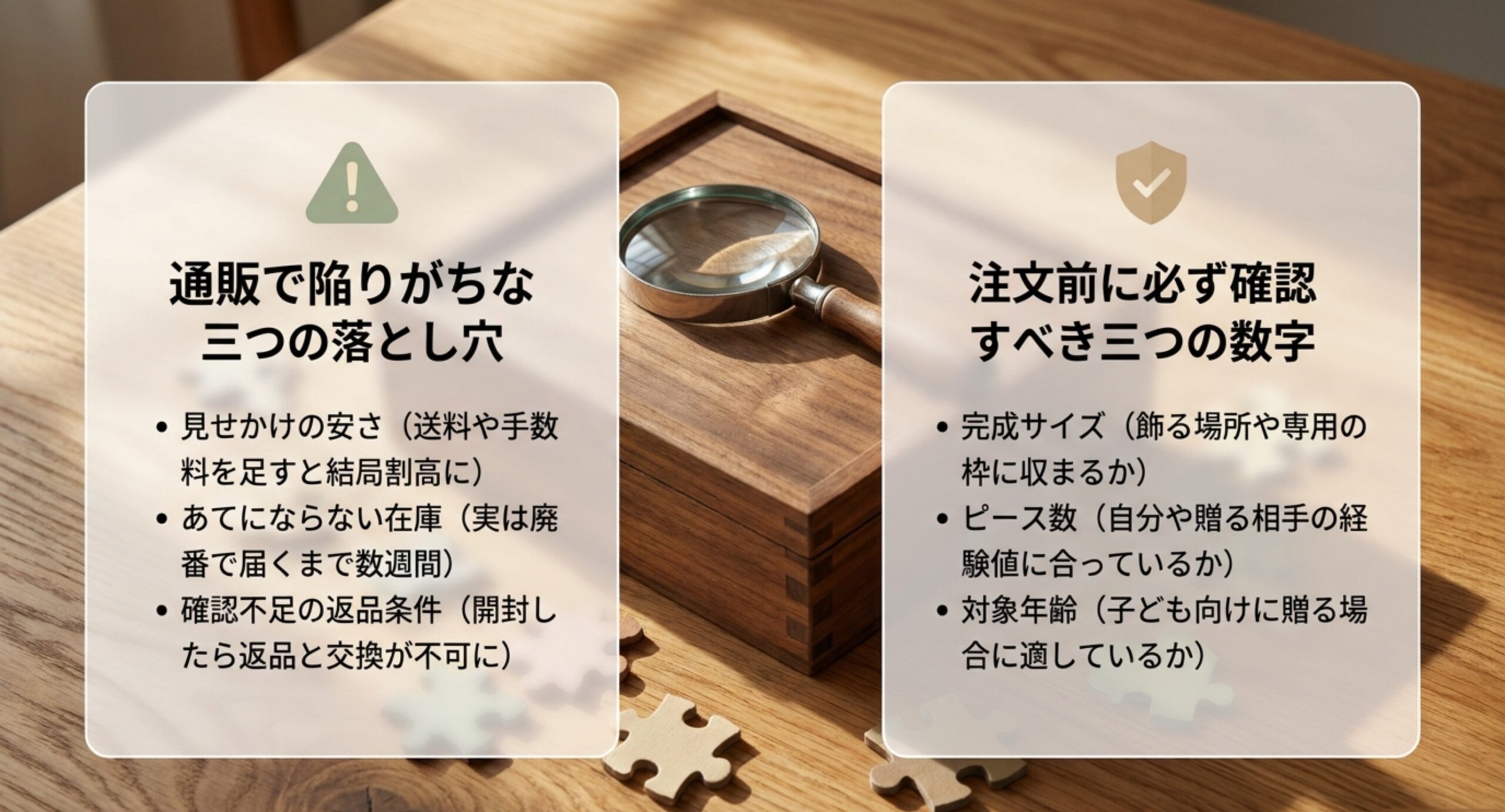 通販でありがちな3つの落とし穴と、完成サイズ・ピース数・対象年齢の確認点をまとめたスライド