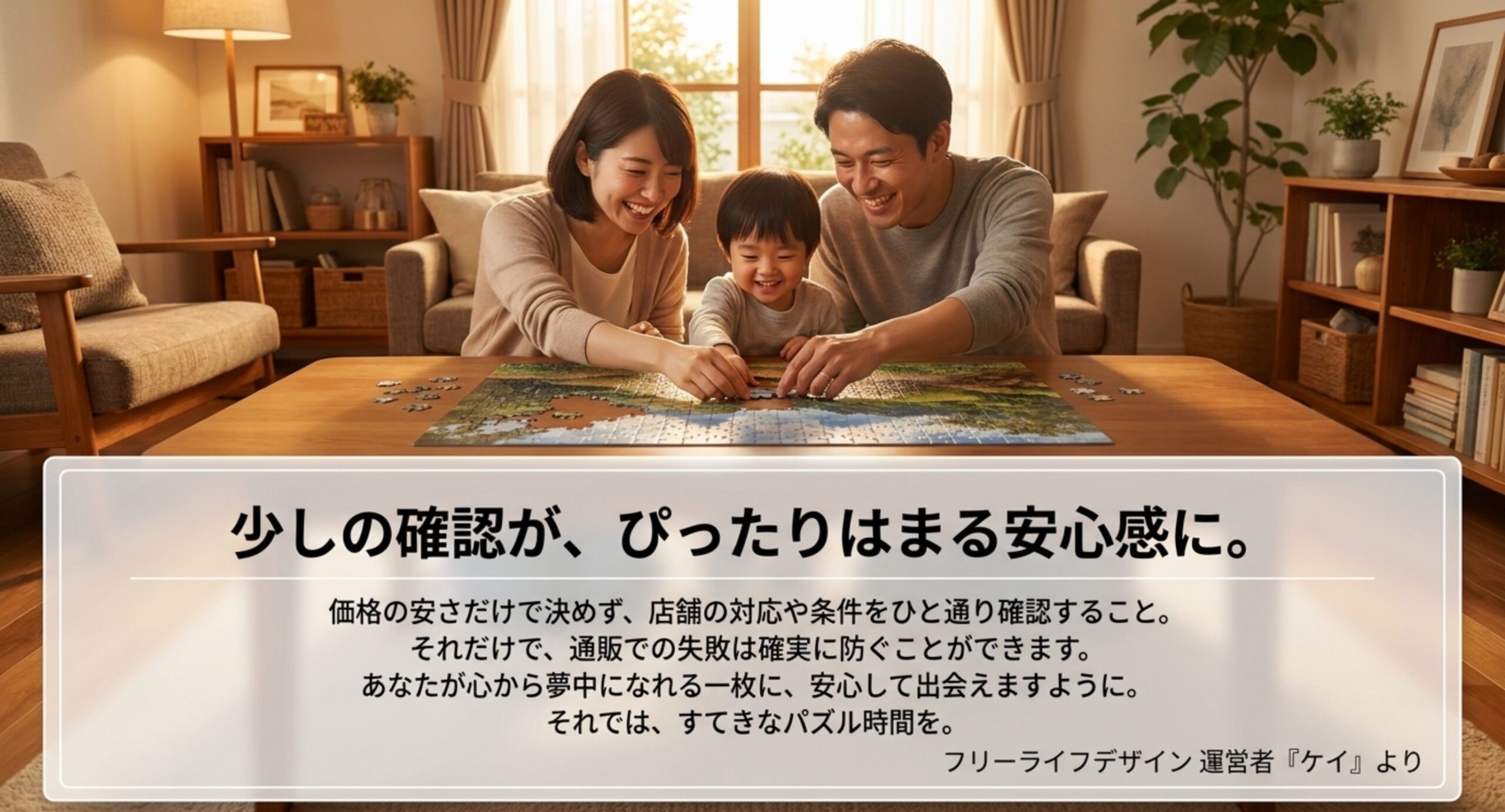 家族でパズルを楽しむ様子とともに、確認して買えば安心という記事のまとめを示したスライド