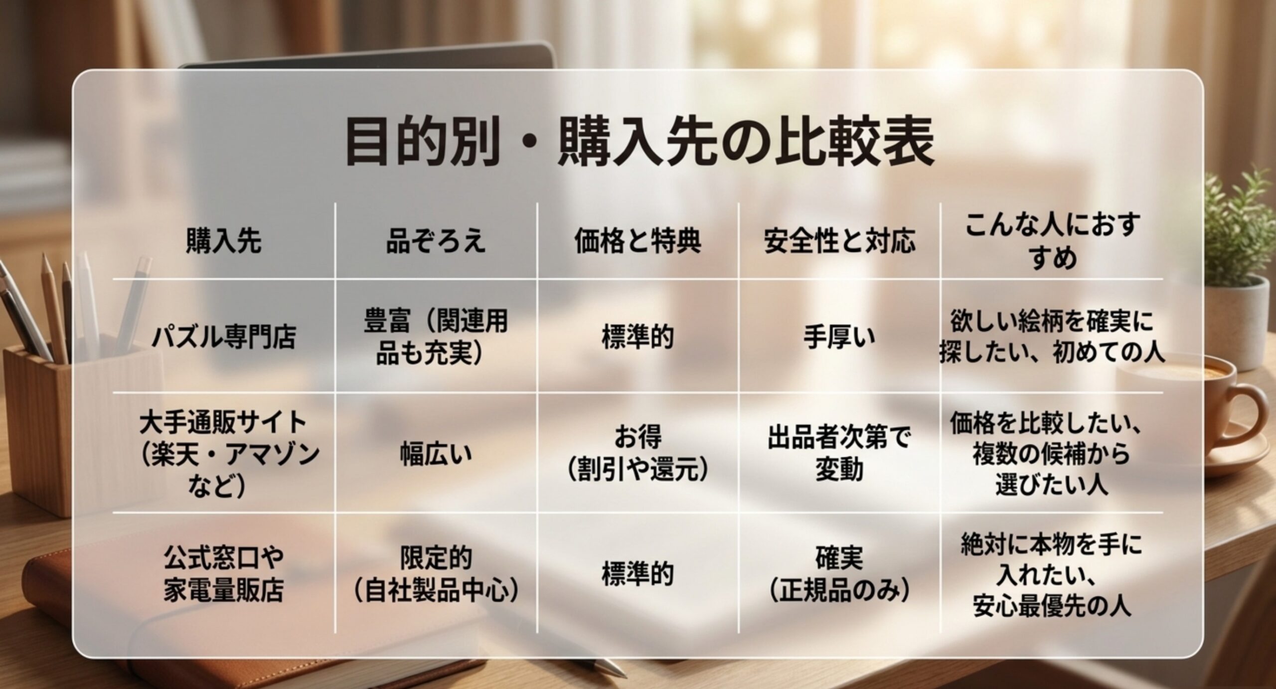 パズル専門店・大手通販サイト・公式や家電量販店の品ぞろえや価格、安全性を比較した表のスライド
