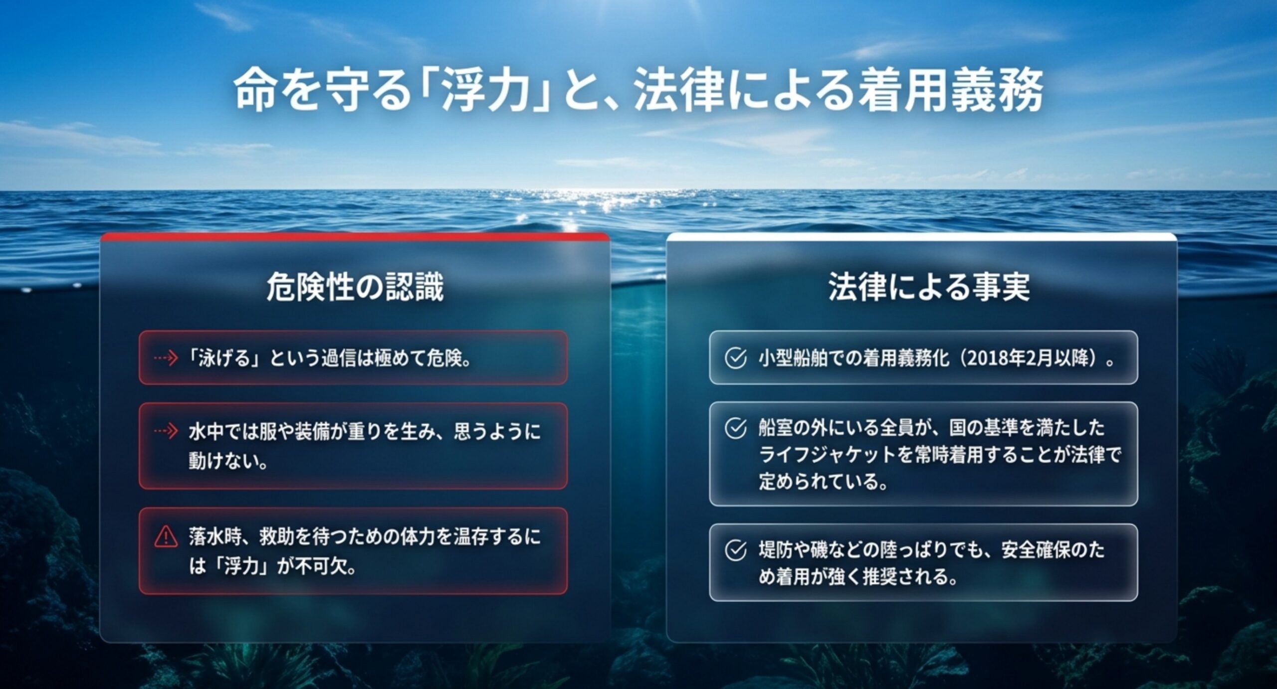 ライフジャケットの浮力の大切さと小型船舶での法律による着用義務を整理したスライド