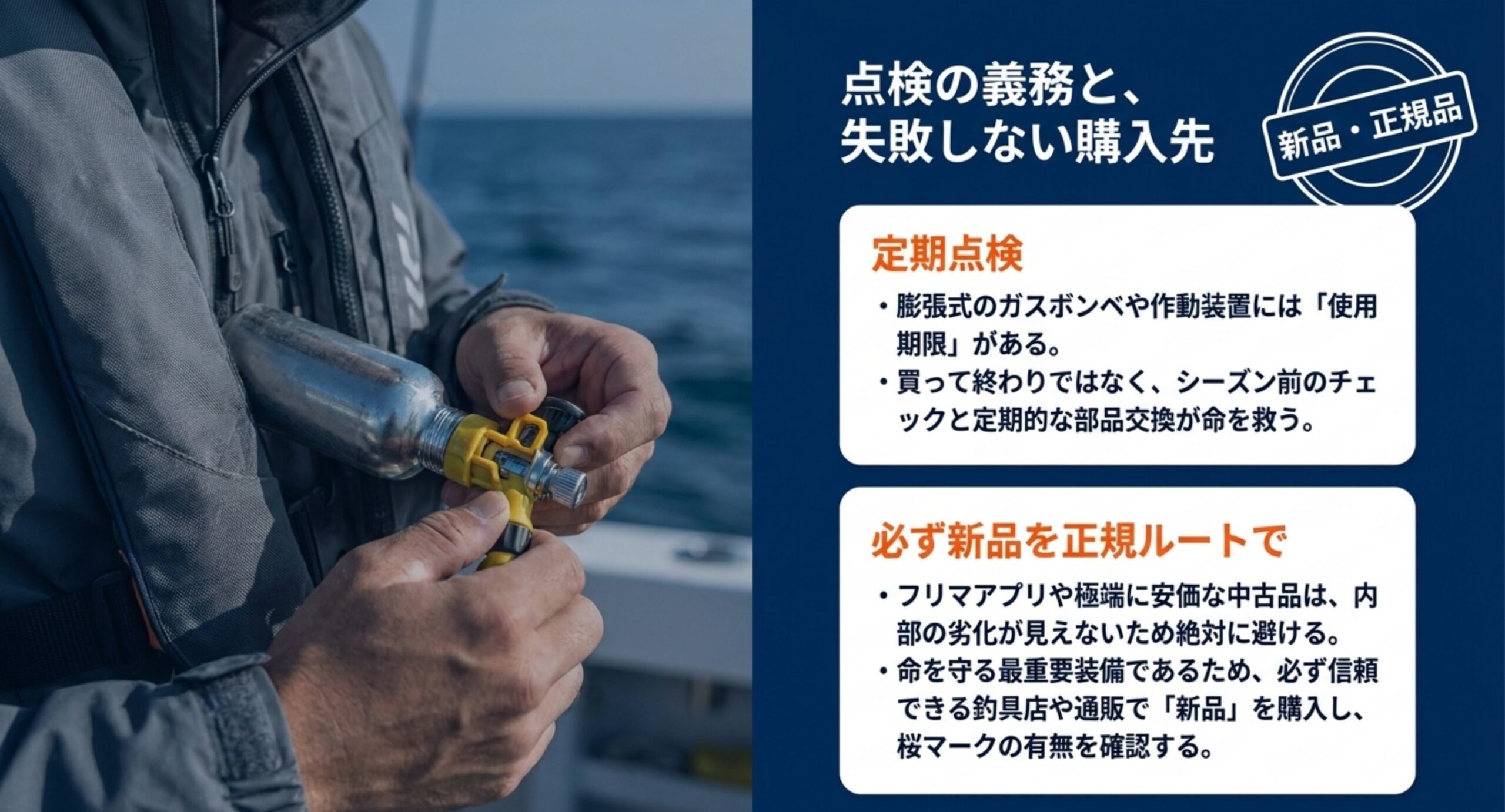 膨張式の定期点検と正規ルートで新品を購入する大切さを示したスライド