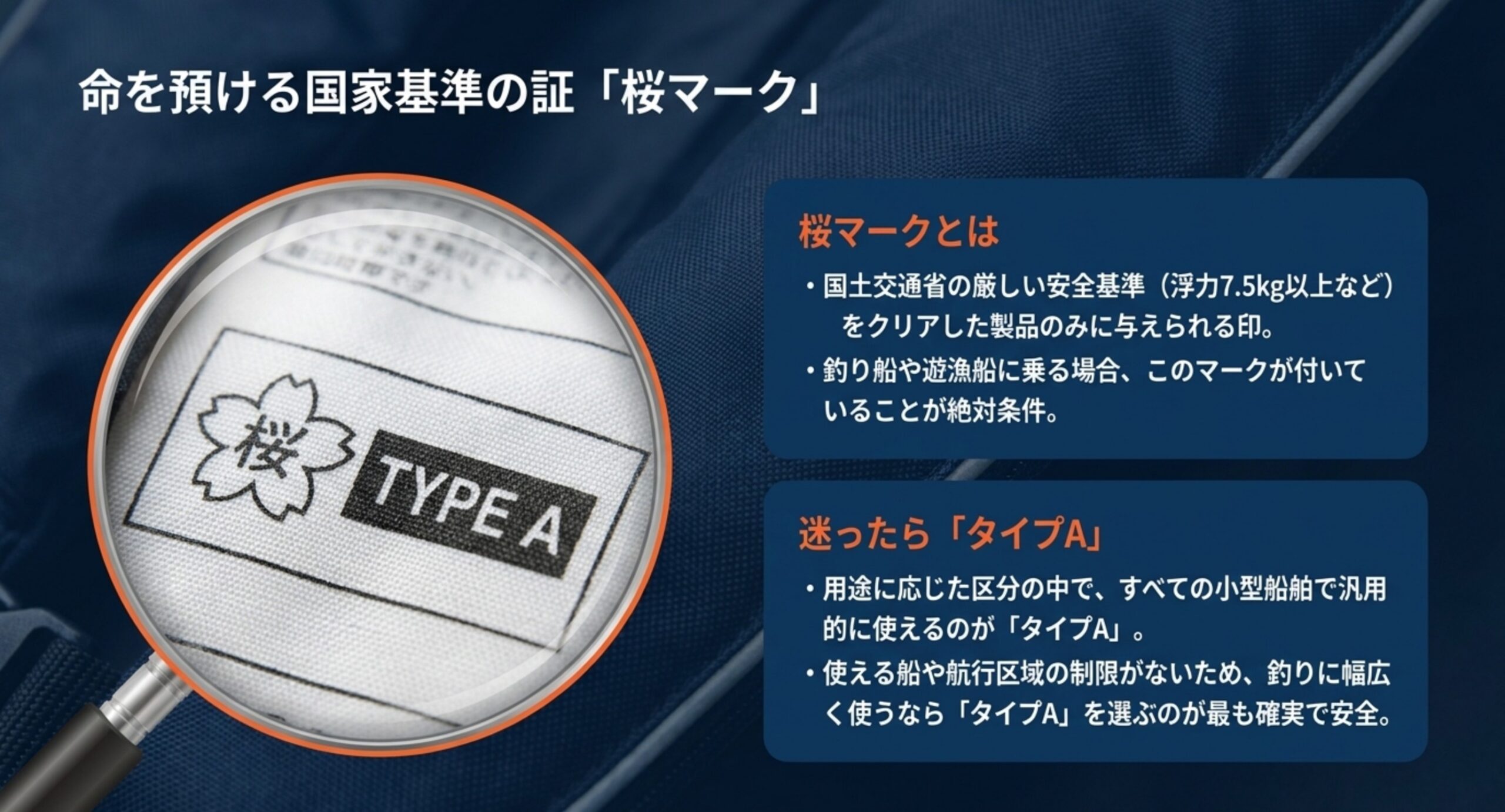 国の安全基準を満たした証である桜マークと汎用性の高いタイプAについて説明したスライド