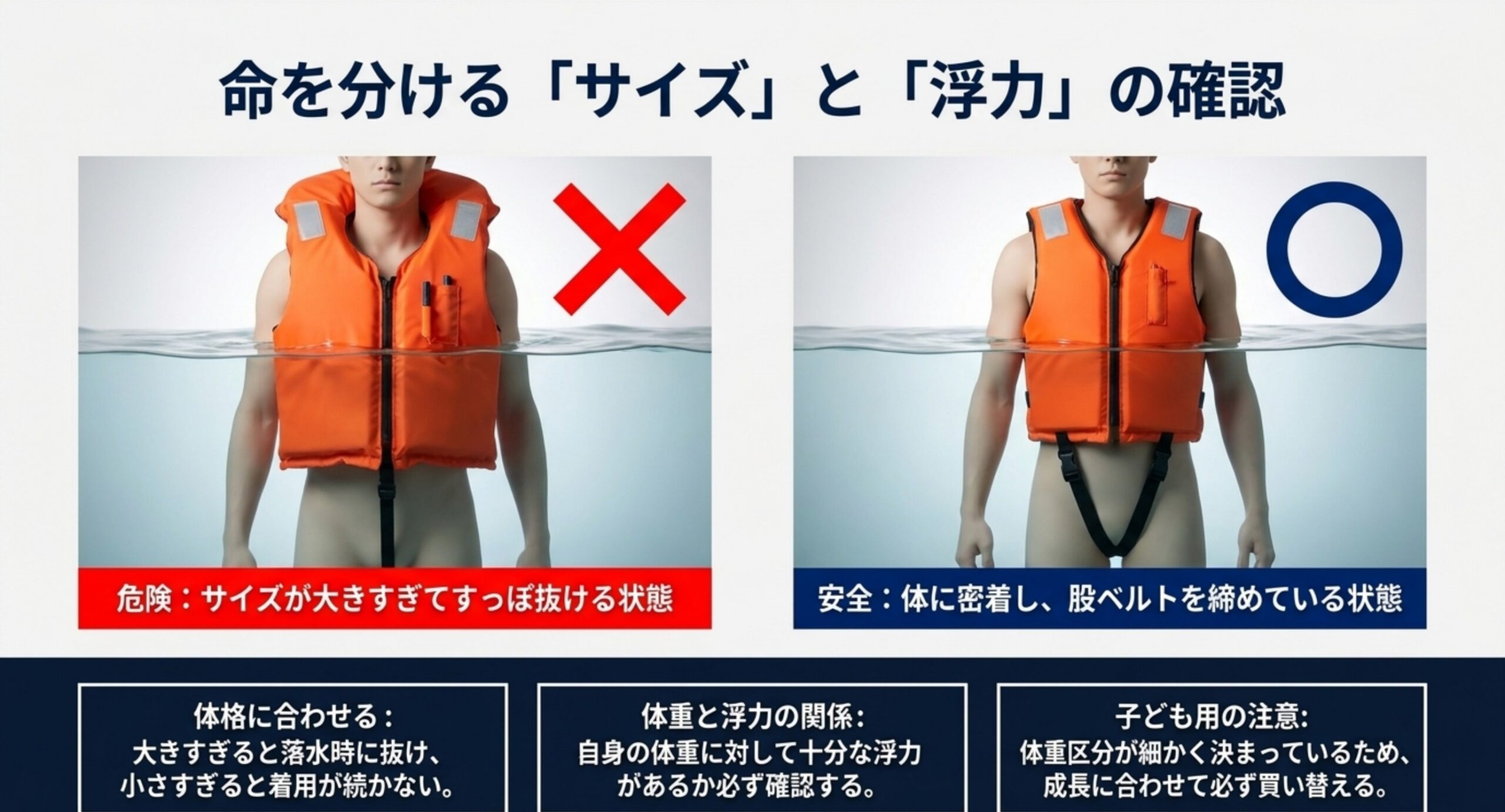 サイズが大きすぎると抜ける危険があり体に密着させる重要性と子どもの体重区分を示したスライド