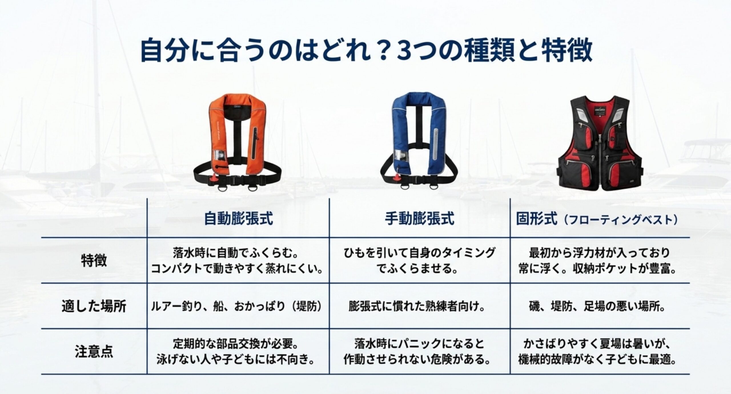 自動膨張式・手動膨張式・固形式の特徴と適した場所・注意点を比較した表のスライド