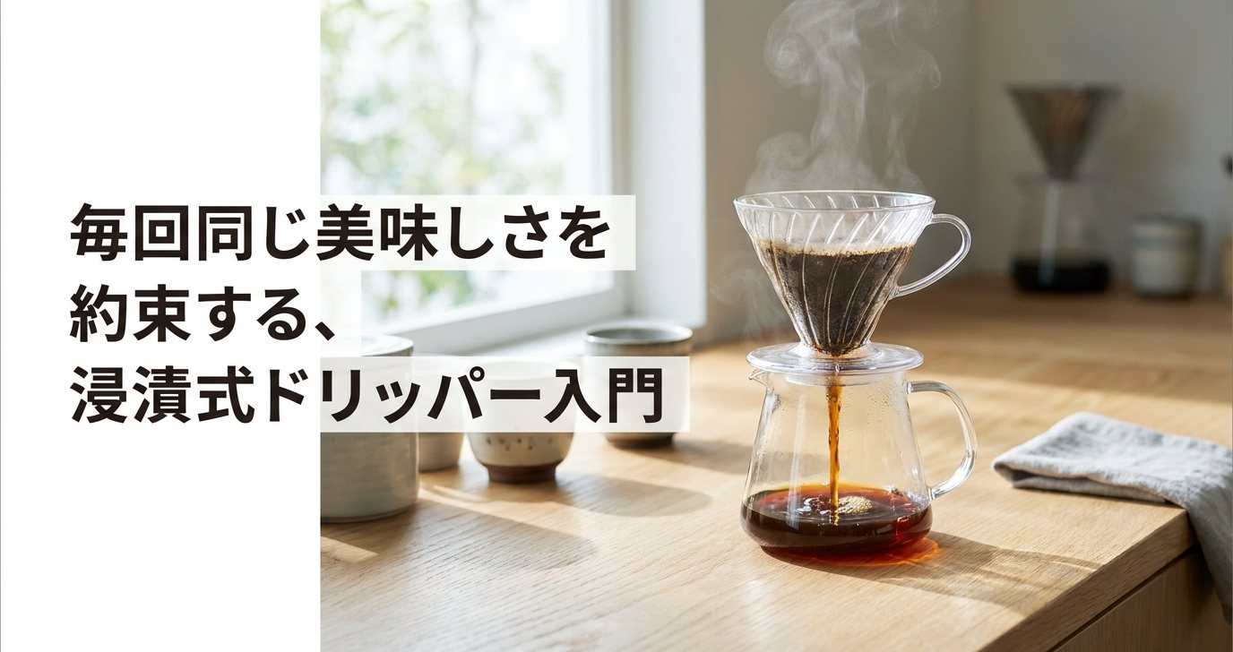 浸漬式ドリッパーでコーヒーを抽出している様子と記事テーマを示すスライド