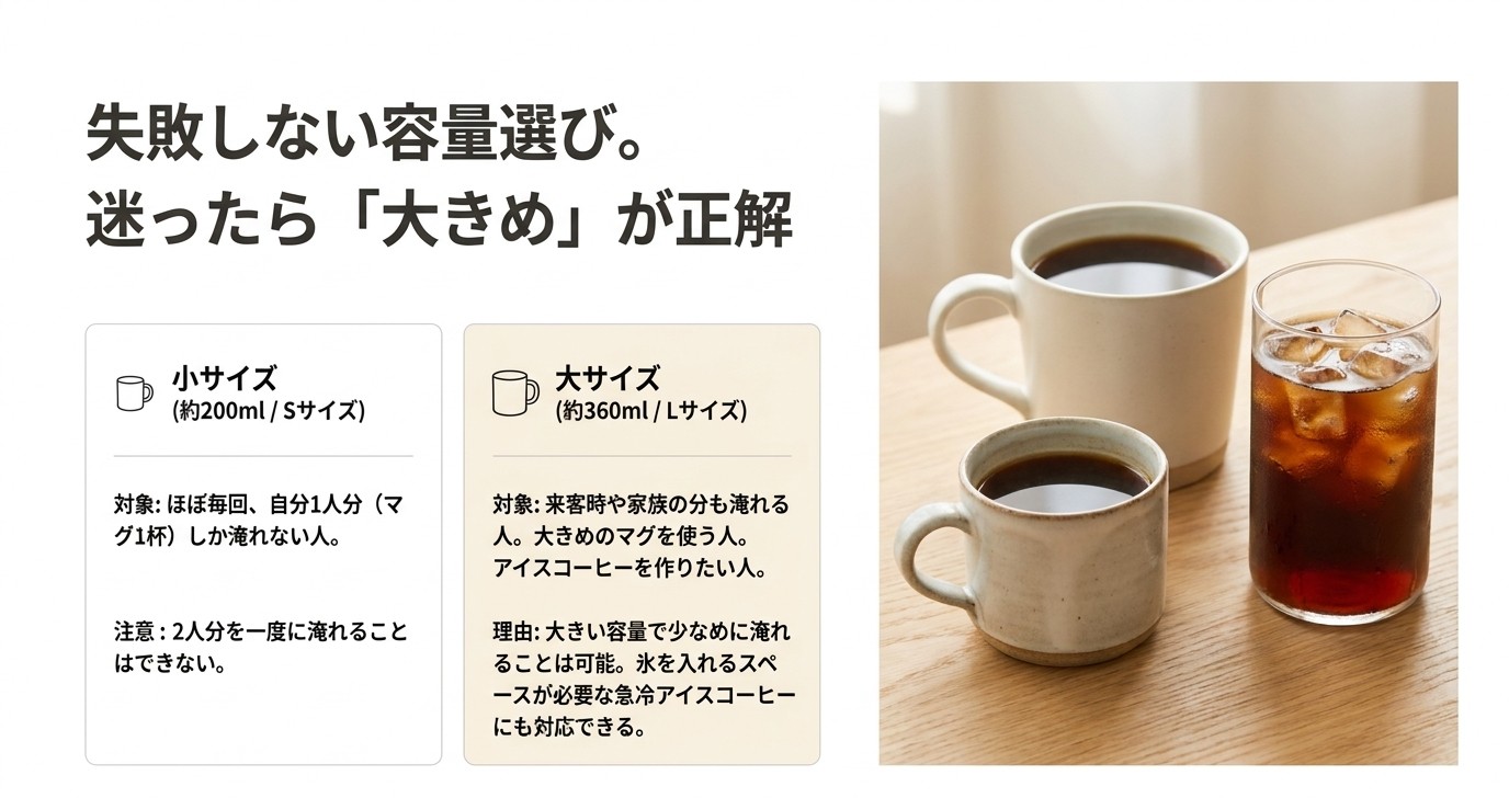 小サイズと大サイズの浸漬式ドリッパーの用途を比較し、大きめを選ぶ理由を示すスライド