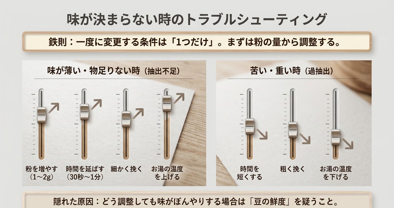 味が薄いときは粉量や時間や挽き目や湯温を調整し、苦いときは時間や挽き目や湯温を下げる方法を示すスライド