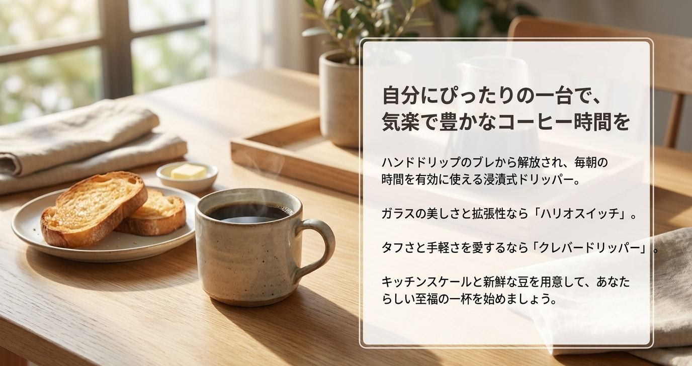 自分に合う浸漬式ドリッパーを選び、気楽で豊かなコーヒー時間を始めることを促すまとめスライド