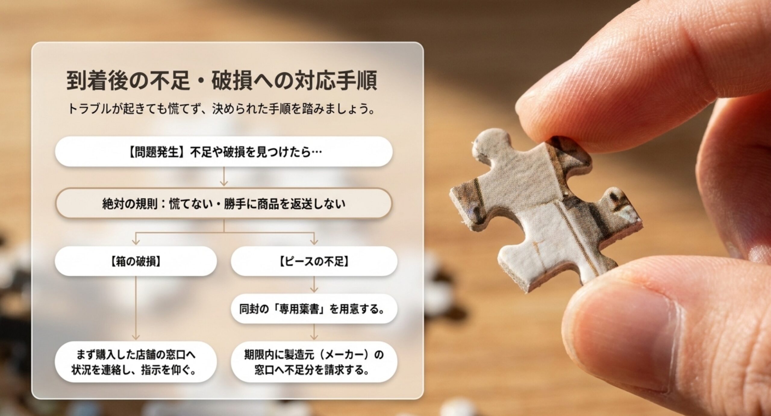 破損は店舗へ連絡し、ピース不足はメーカーへ請求するという対応の流れを示したフロー図のスライド