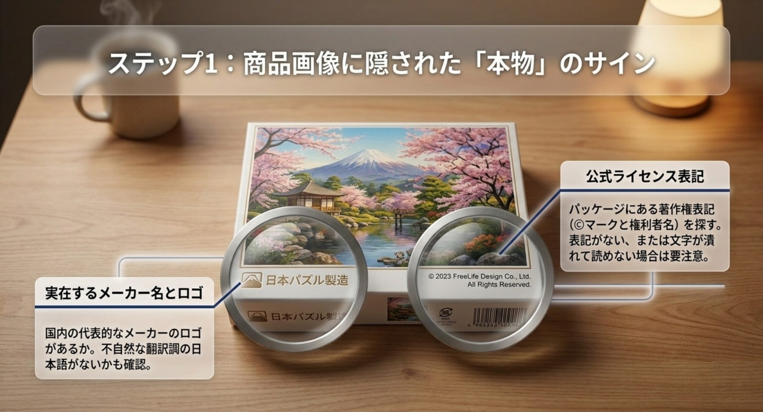 商品画像のメーカー名ロゴと公式ライセンス著作権表記を確認するポイントを示したスライド