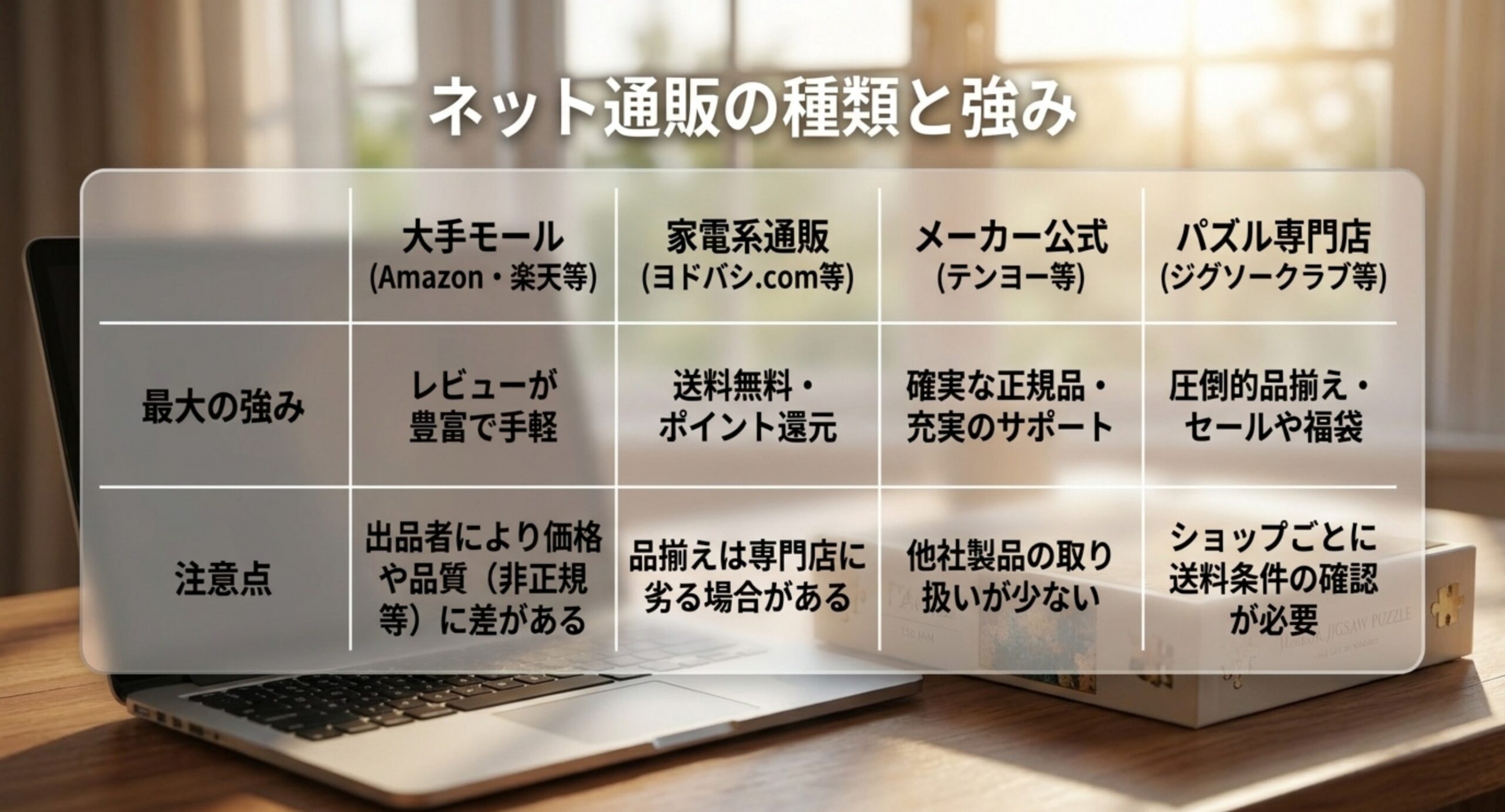 大手モール・家電系通販・メーカー公式・パズル専門店ごとの強みと注意点を比較した表のスライド