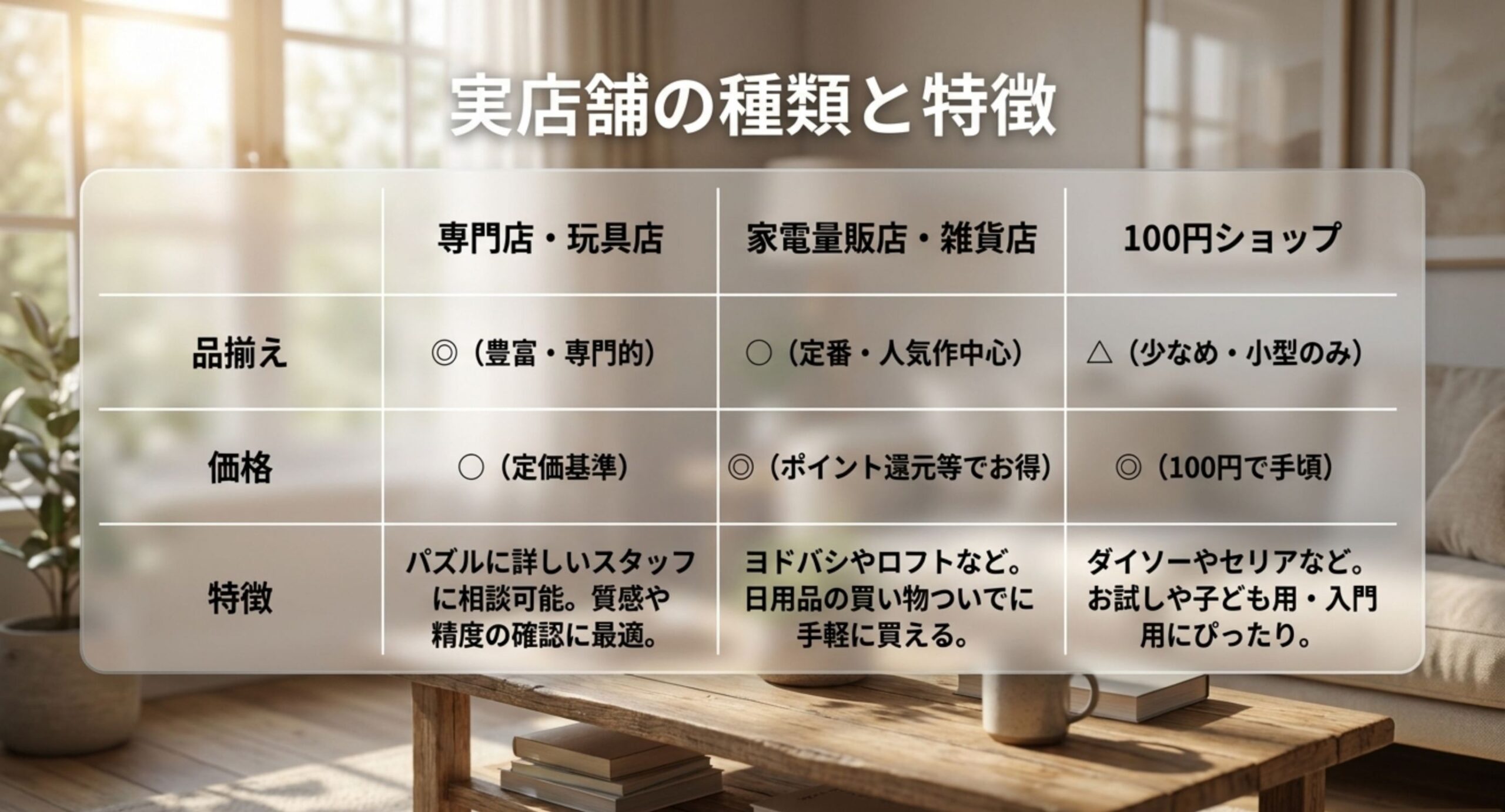 専門店や玩具店、家電量販店や雑貨店、100円ショップごとの品揃え・価格・特徴を比較した表のスライド