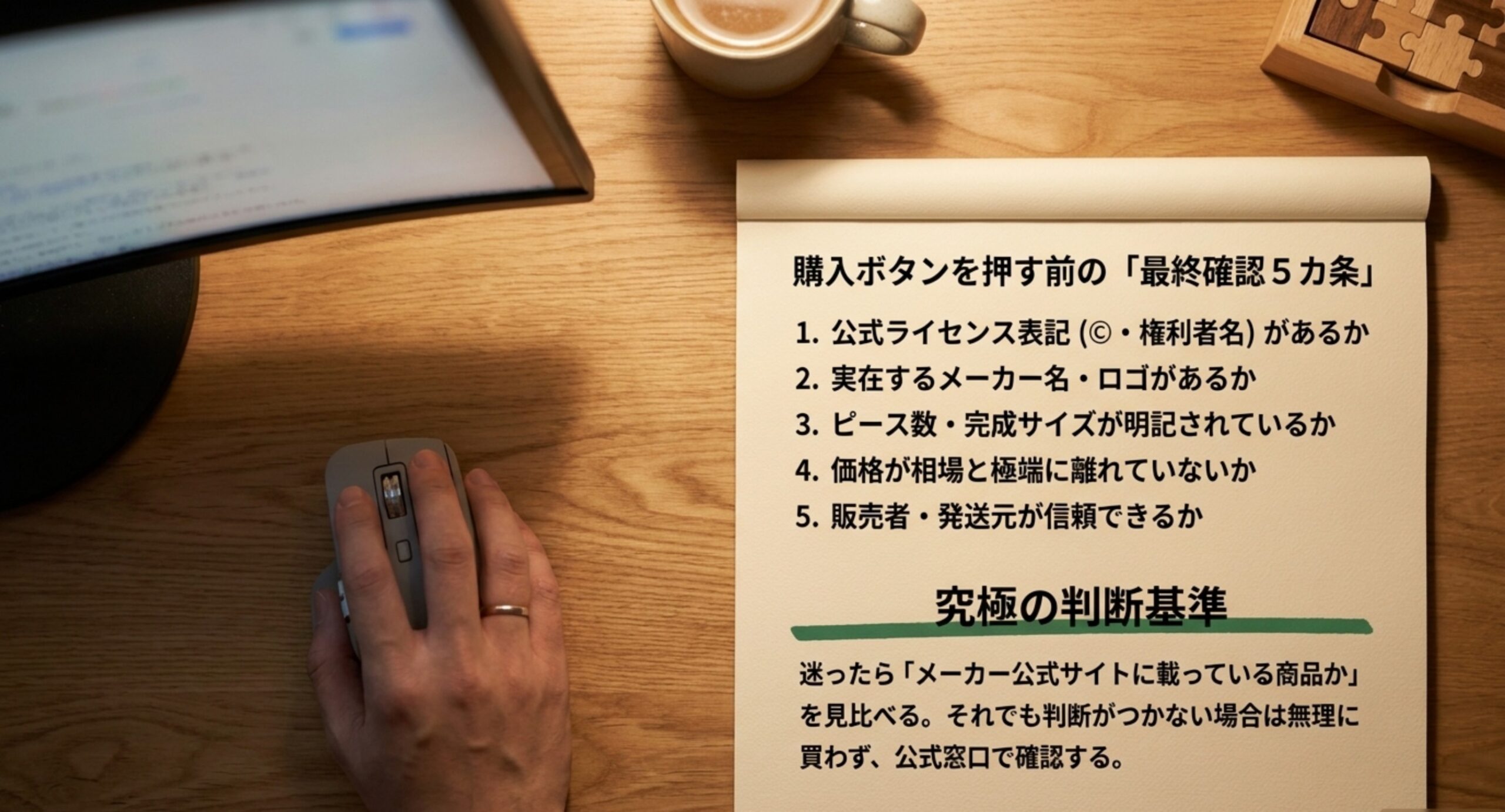 公式ライセンス表記やメーカー名など購入前に確認したい5つのチェック項目を示したスライド
