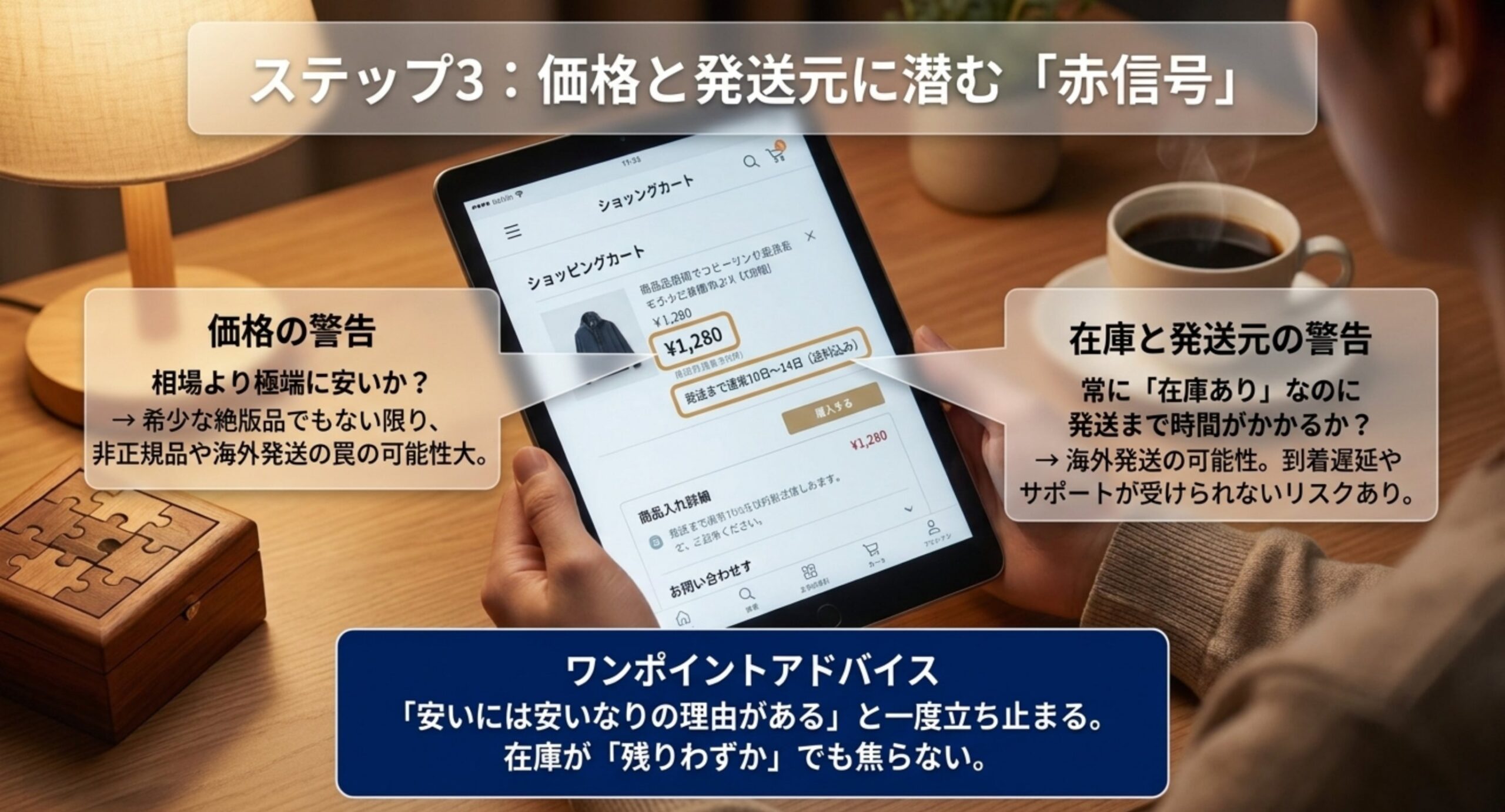 相場より極端に安い価格や在庫表示と発送元から怪しい出品を見抜く注意点を示したスライド