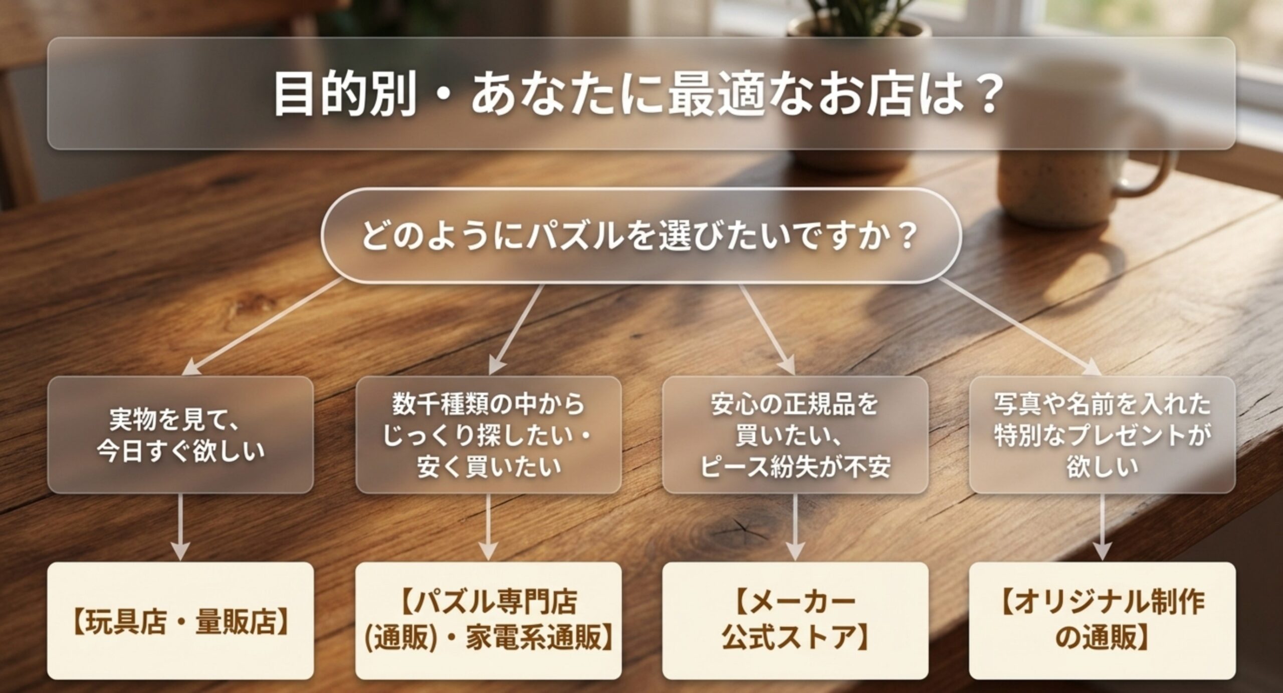実物を見たい・じっくり選びたい・正規品が欲しい・プレゼント用など目的別に最適なお店へ導くフローチャートのスライド