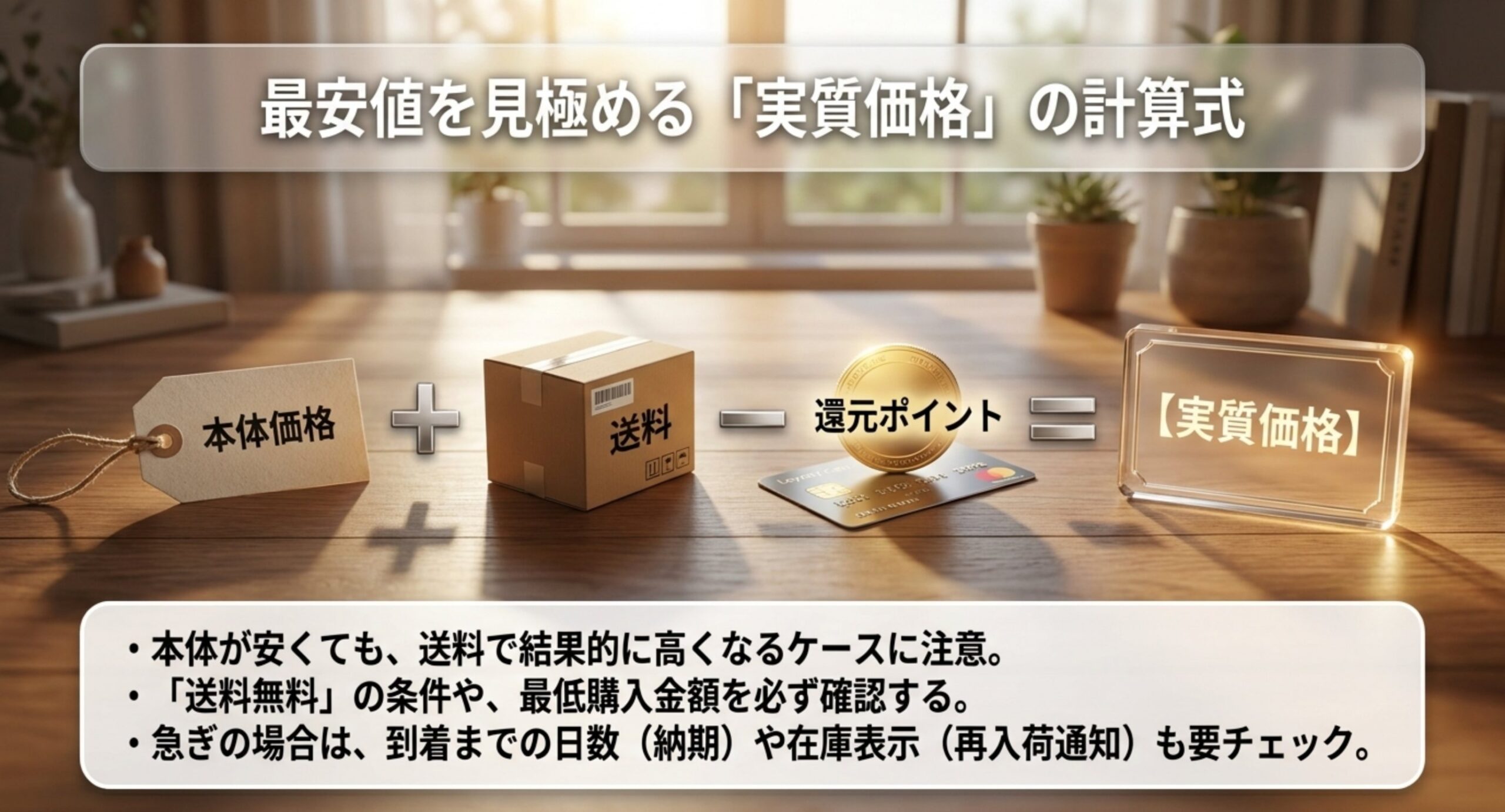 本体価格に送料を足しポイント還元を引いて実質の支払い額を求める考え方を示したスライド