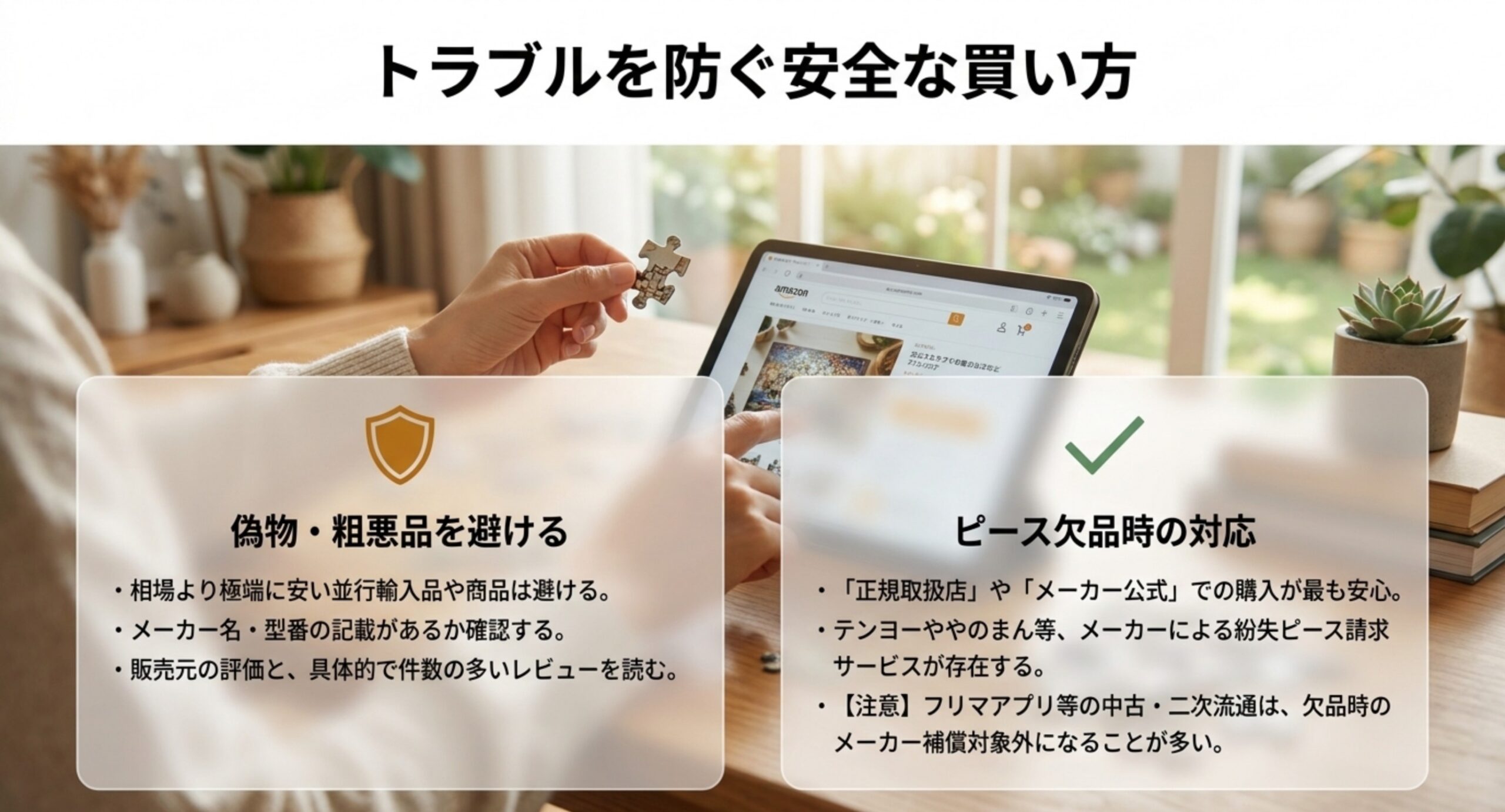 偽物や粗悪品を避ける確認ポイントと、ピース欠品時のメーカー対応をまとめた安全な買い方のスライド