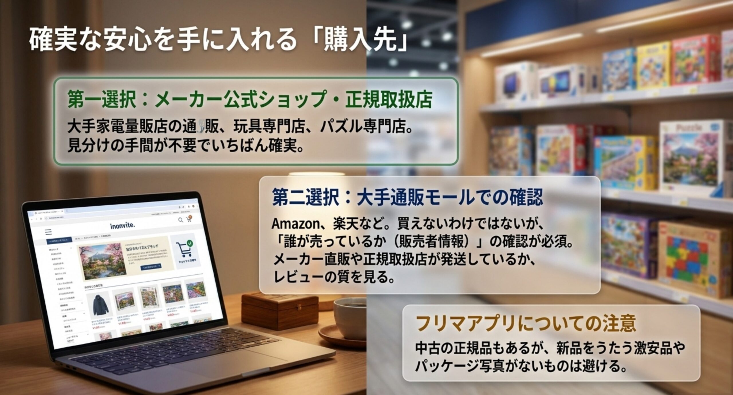 メーカー公式や正規取扱店と通販モール・フリマアプリでの購入先の選び方を示したスライド