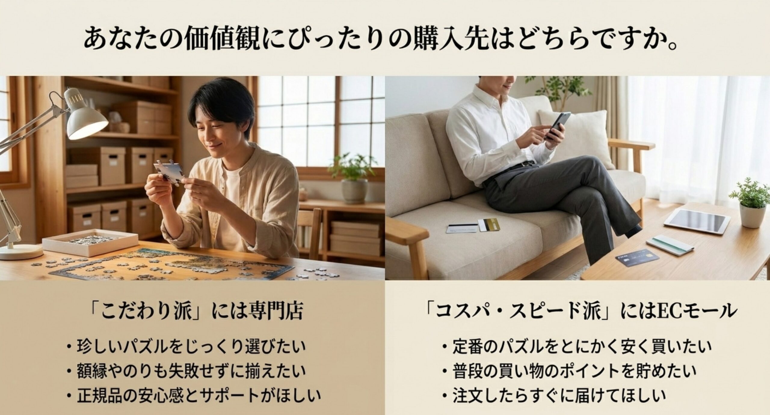 こだわり派は専門店、コスパ・スピード派はECモールという価値観別の購入先の選び方を示したスライド