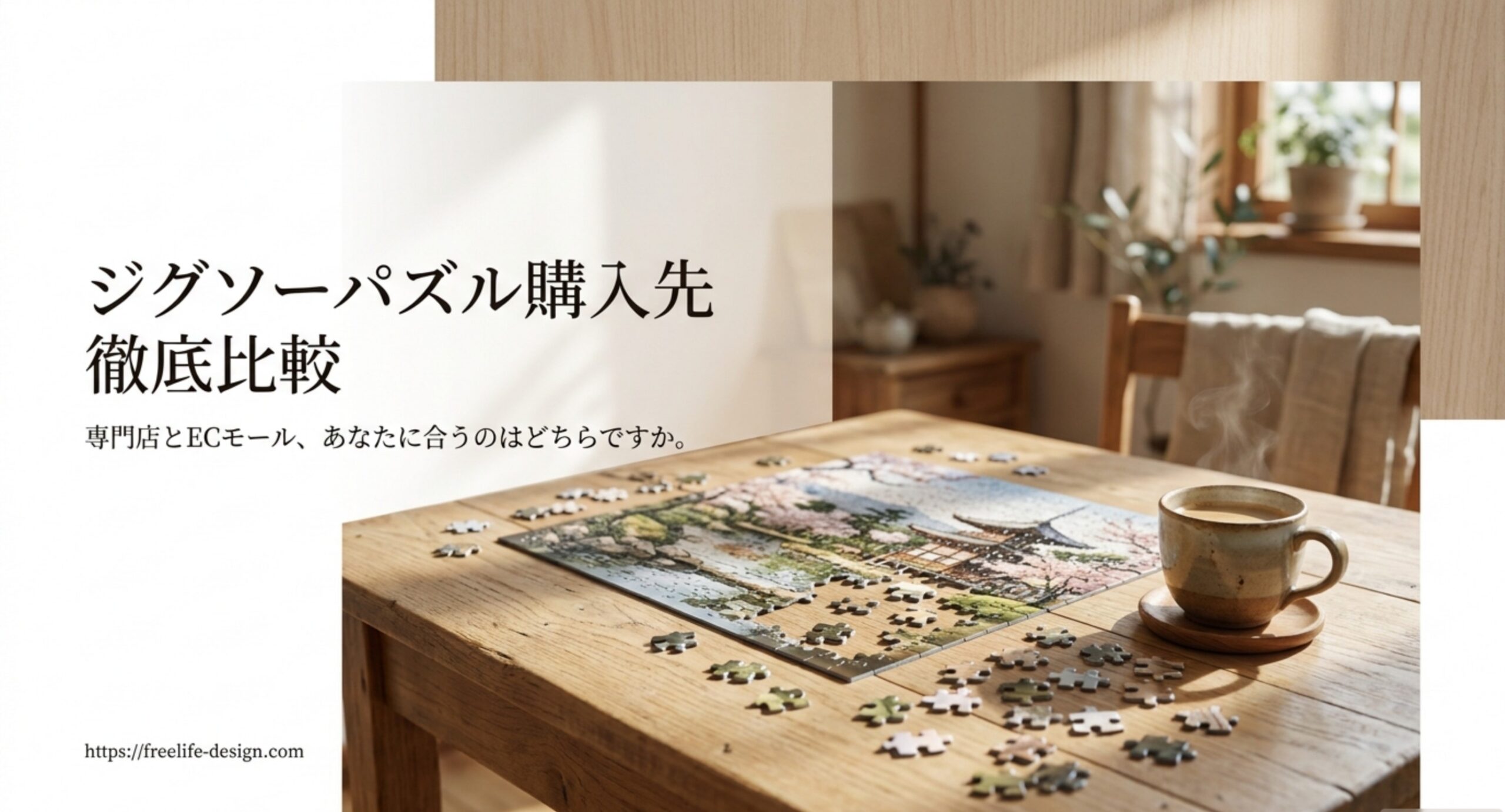 テーブルに広げたジグソーパズルと、専門店とECモールの購入先比較をイメージした扉のスライド
