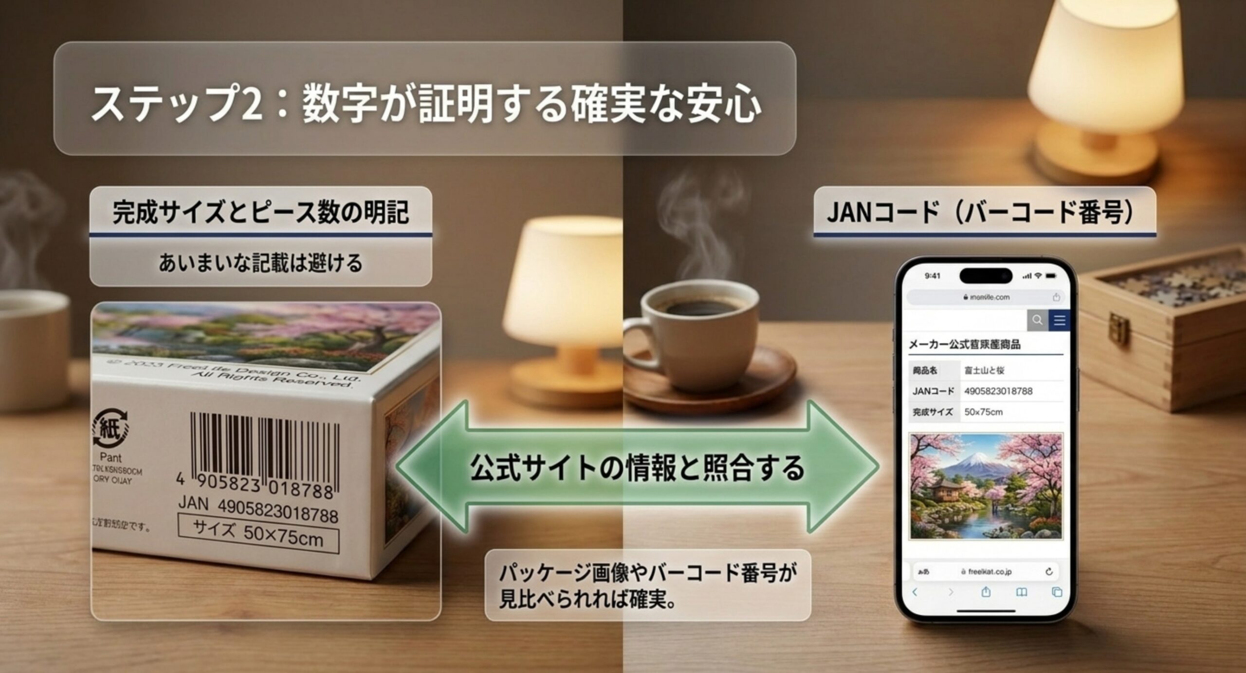 完成サイズとピース数の記載およびJANコードを公式サイト情報と照合する方法を示したスライド