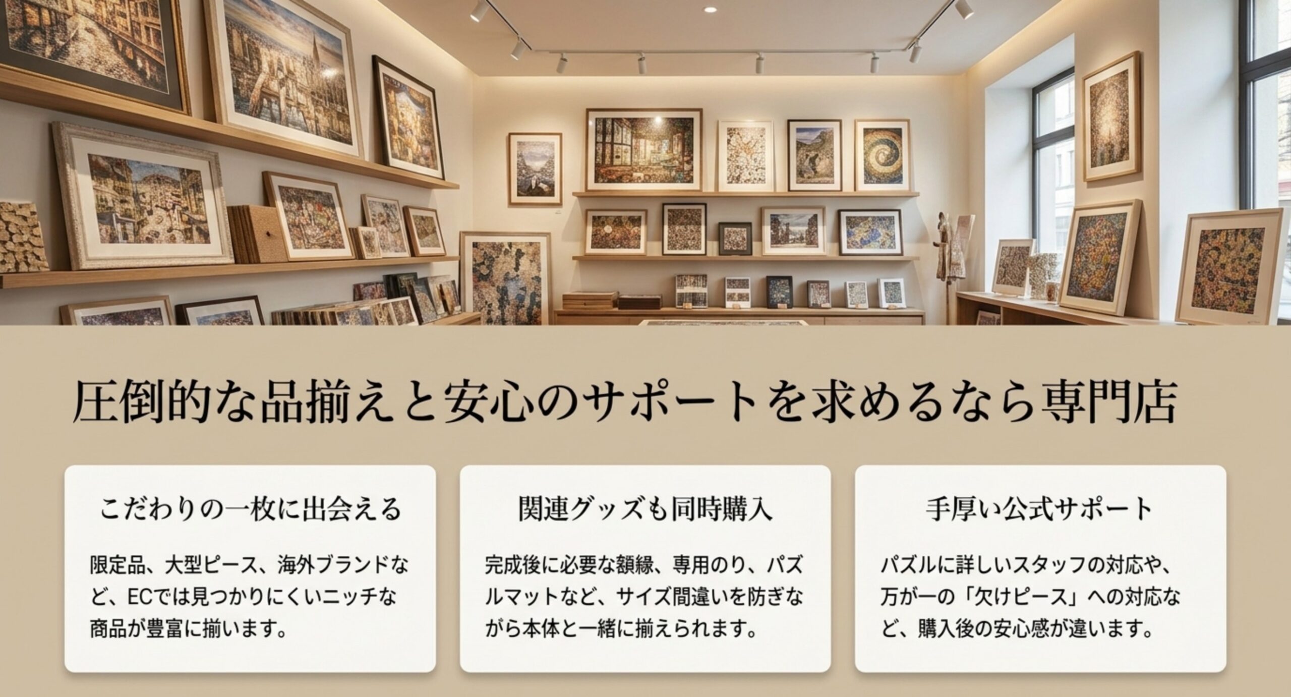 こだわりの一枚・関連グッズの同時購入・手厚い公式サポートという専門店の特徴を示したスライド