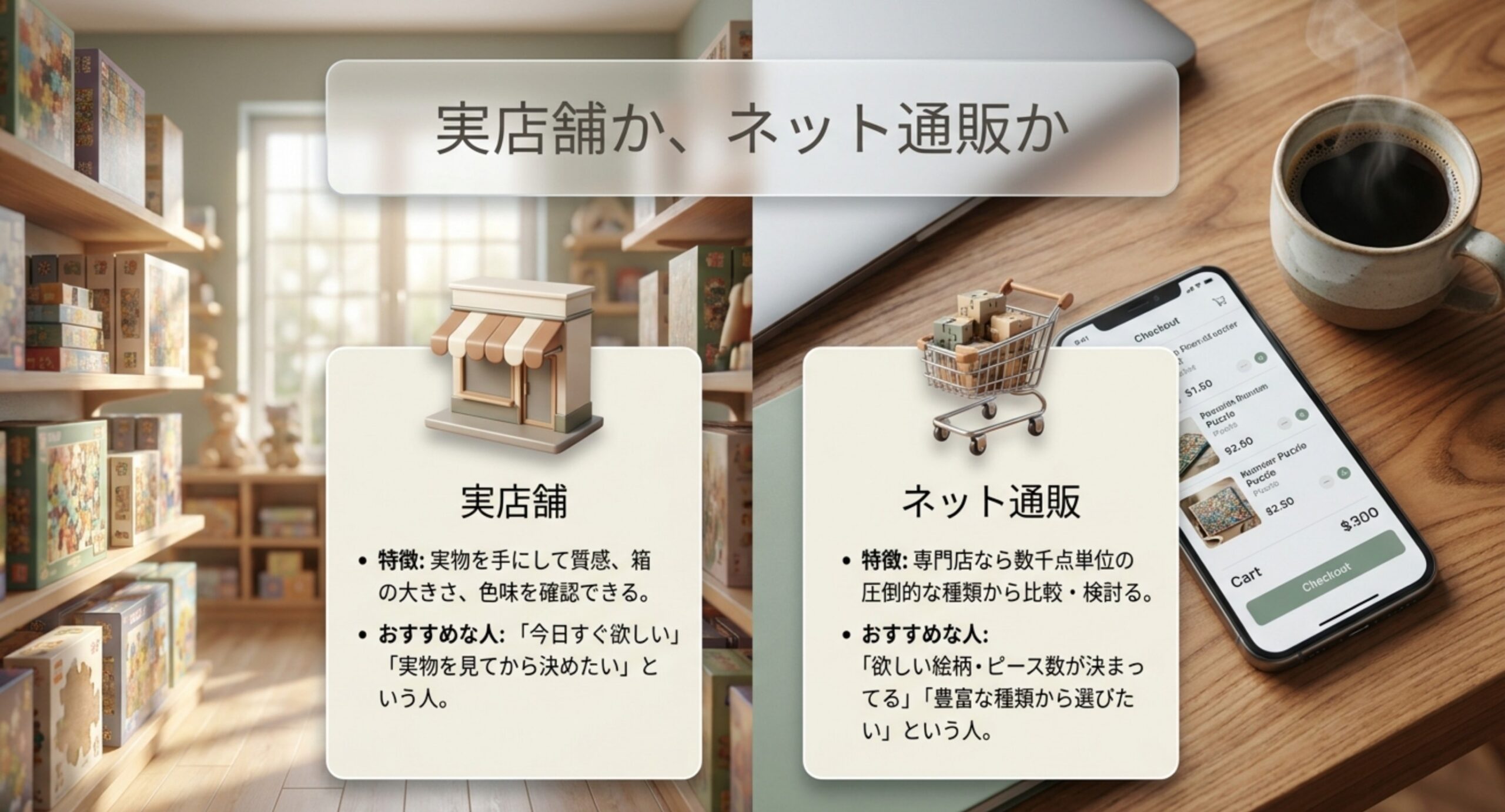 パズルを実店舗で買う場合とネット通販で買う場合の特徴やおすすめの人を比較したスライド