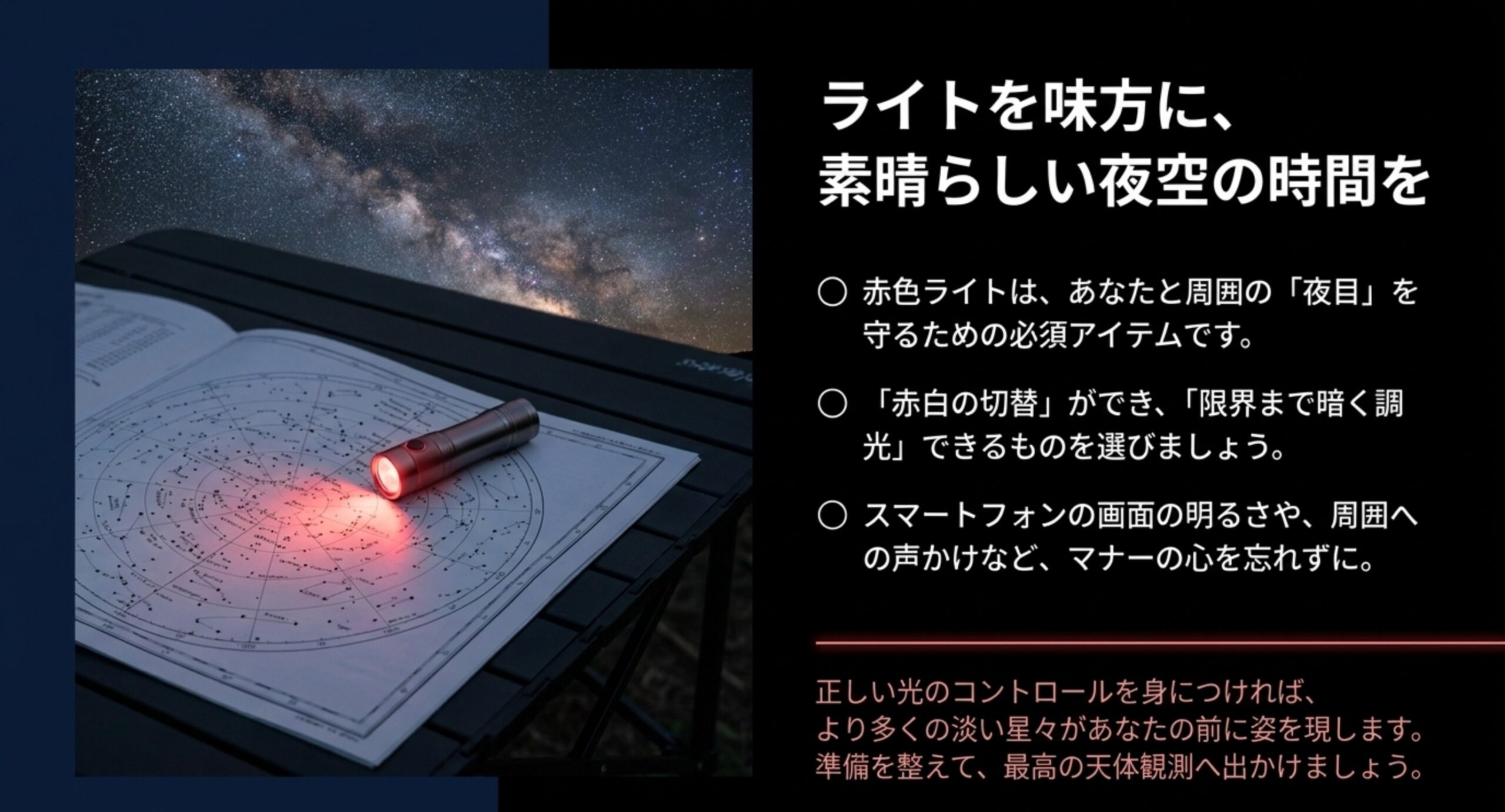 星図を赤いライトで照らす写真とともに、赤色ライト選びとマナーの要点をまとめたスライド