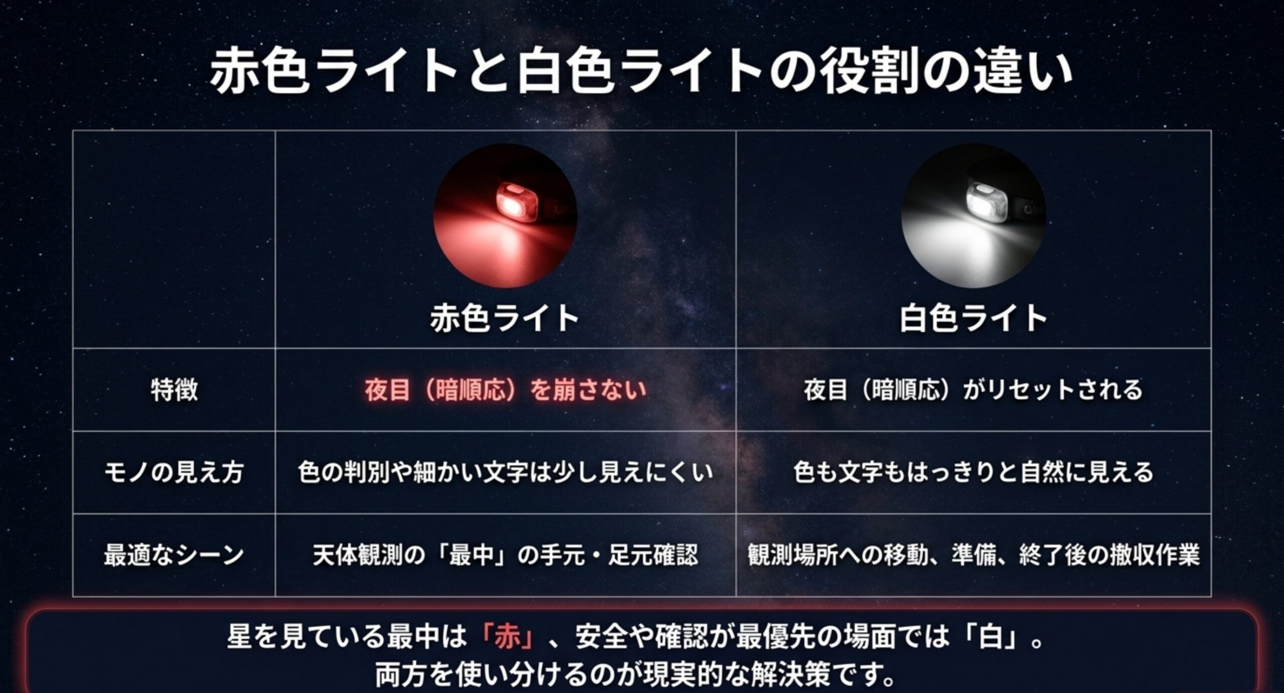 赤色ライトと白色ライトの特徴・見え方・最適なシーンを並べて比較した表のスライド