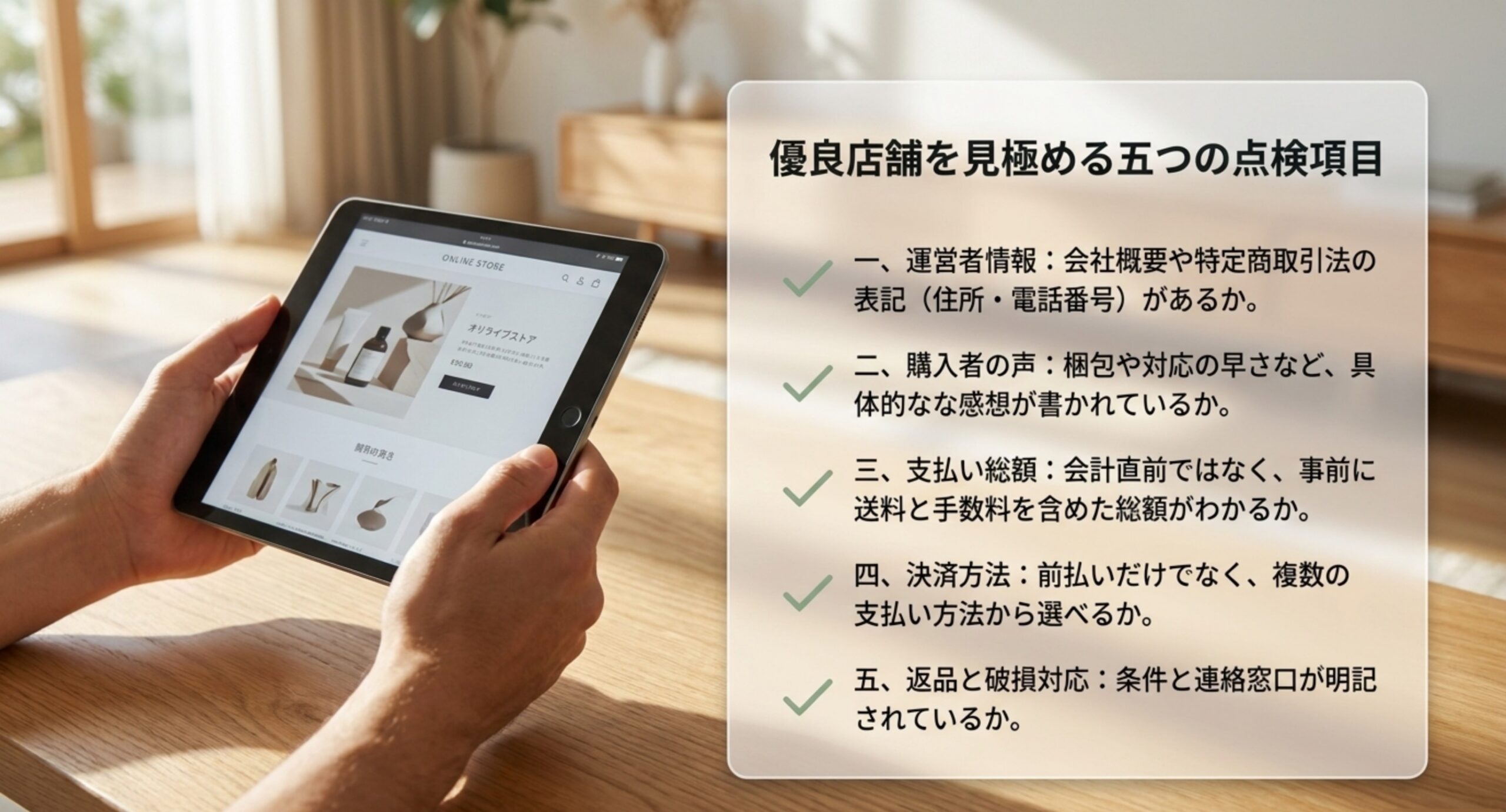 運営者情報やレビュー、送料の総額、決済方法、返品対応など店選びの確認項目を並べたスライド