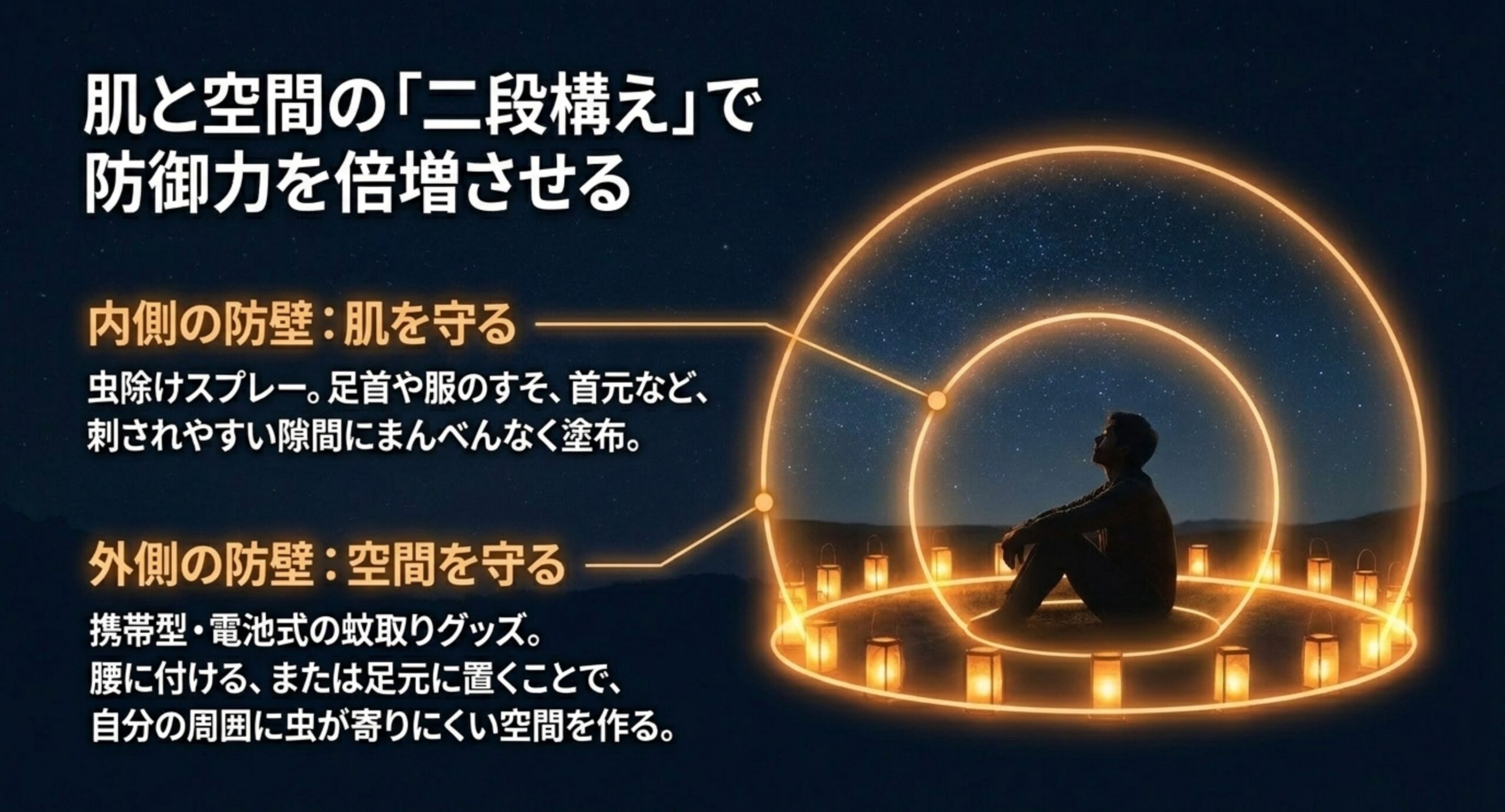 虫除けスプレーで肌を守り携帯蚊取りで空間を守る二段構えの虫対策を示したスライド